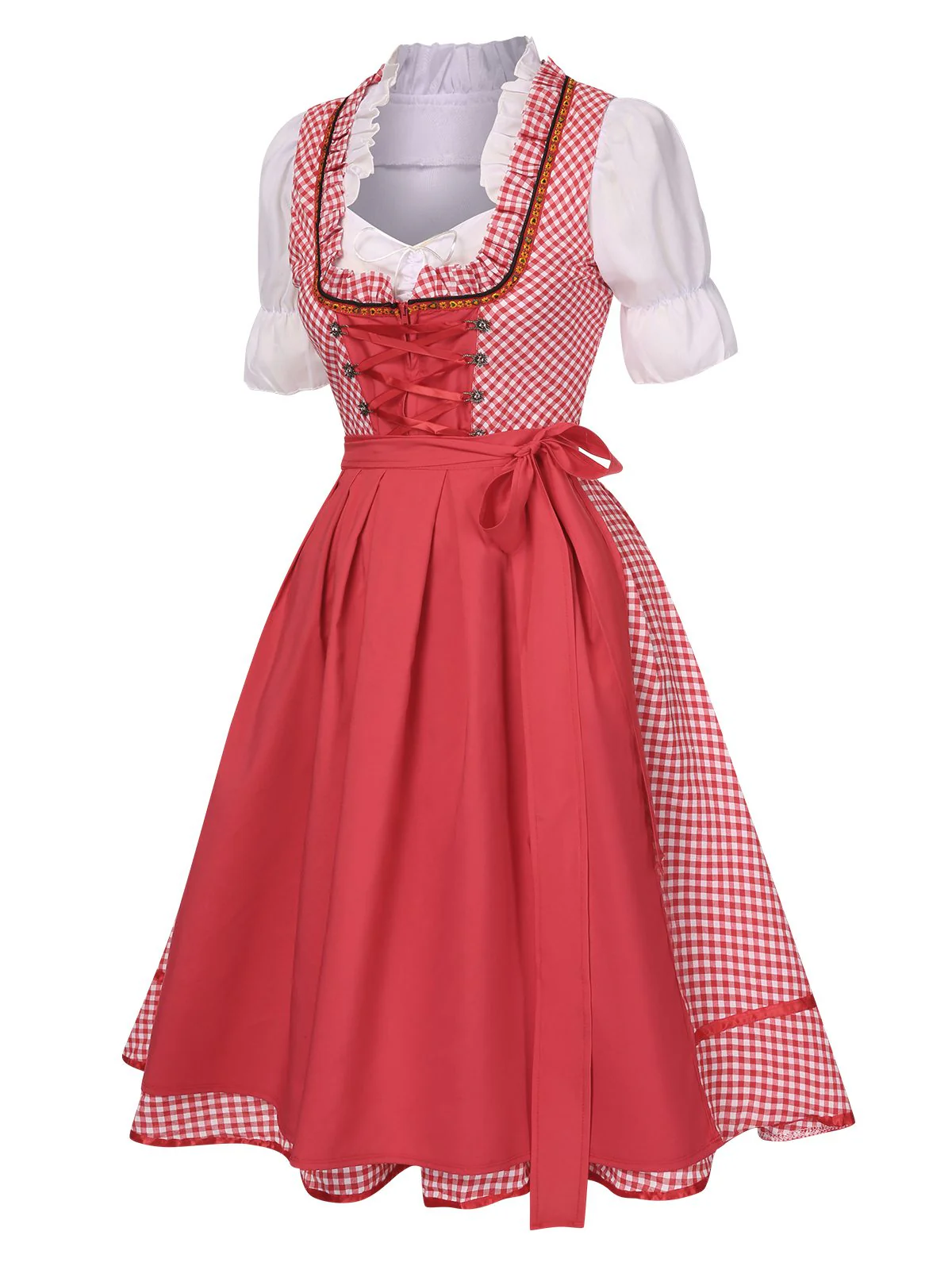2PCS 1950s Oktoberfest White Top & Red Plaid Dress & Red Apron - Image 4