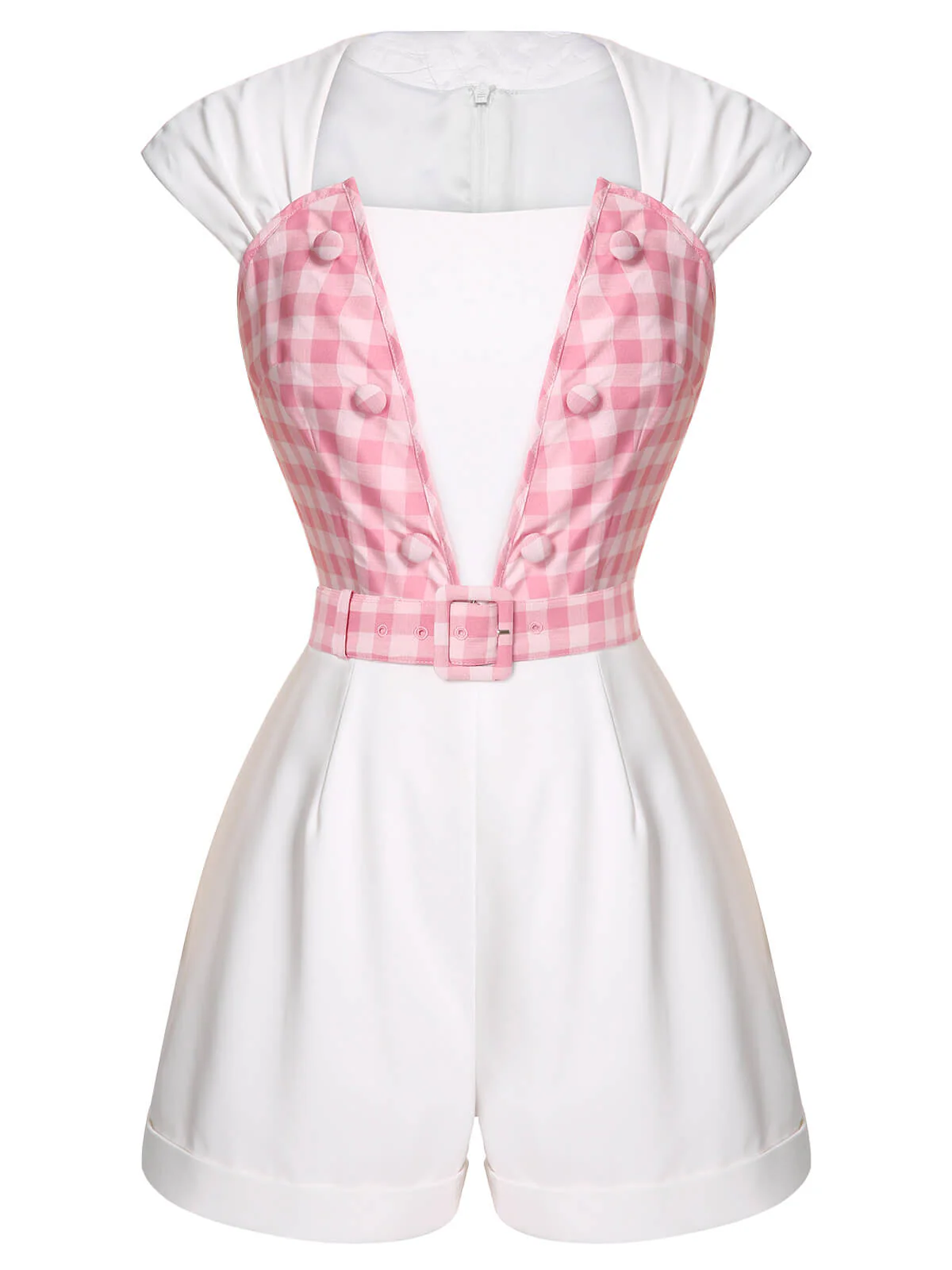 2PCS 1950s Pink Plaid Skirt & Romper With Belt - Image 6