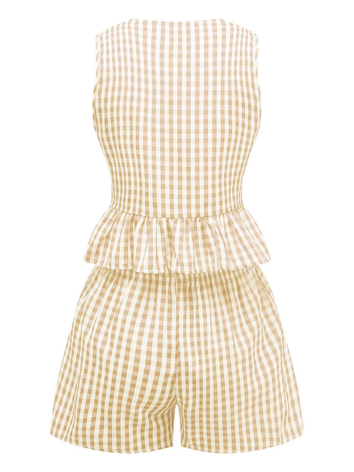 2PCS 1950s Plaid Ruffled Bow Vest & Shorts - Image 10