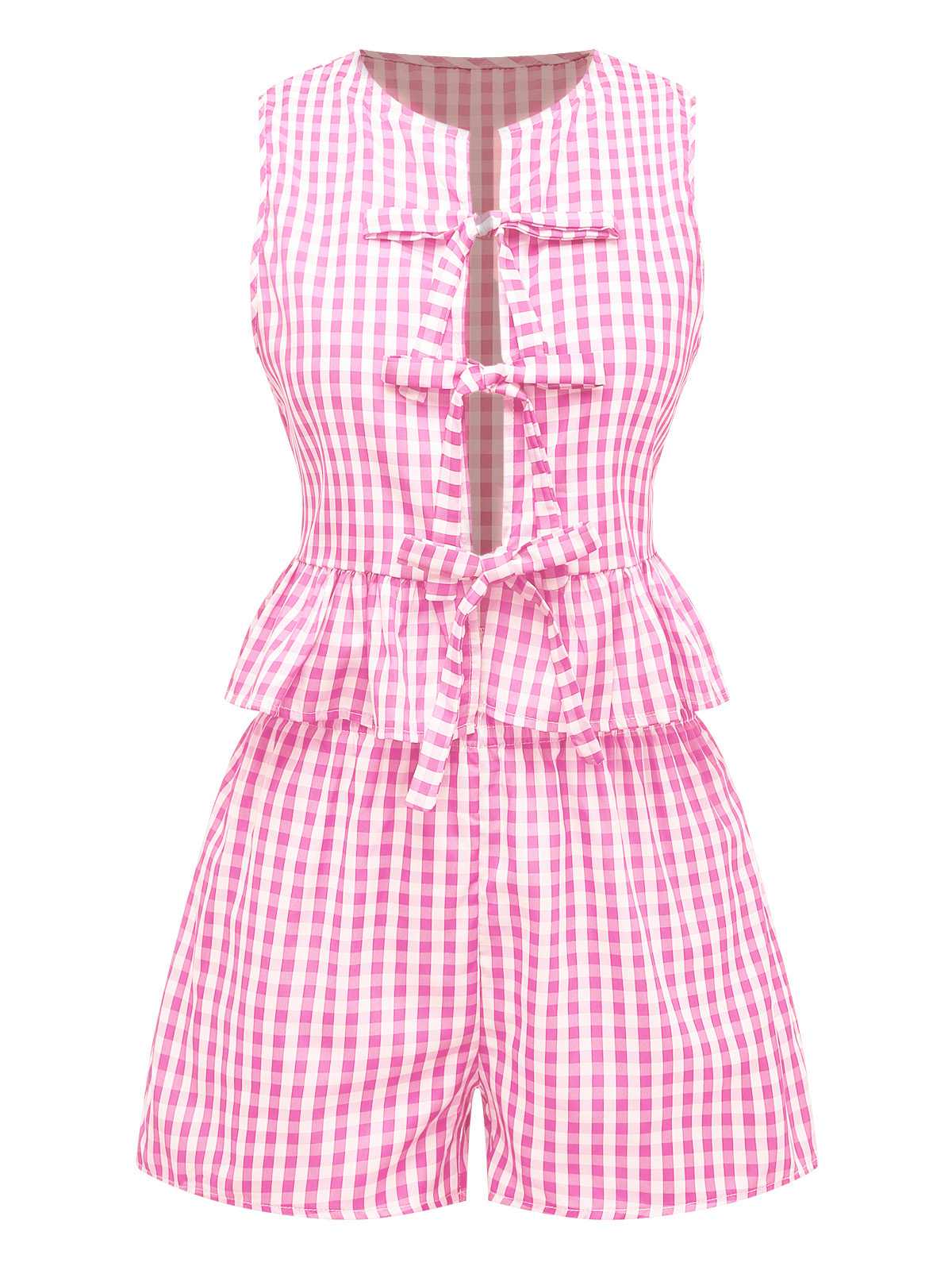 2PCS 1950s Plaid Ruffled Bow Vest & Shorts - Image 11