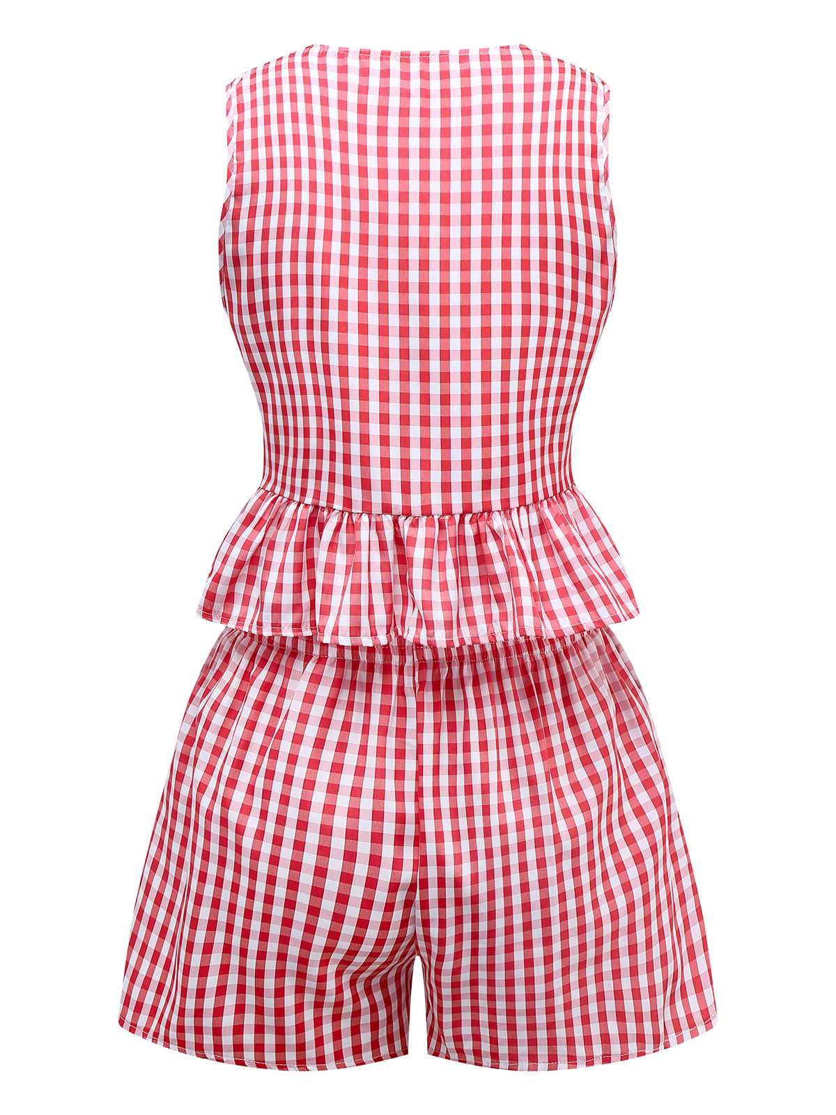 2PCS 1950s Plaid Ruffled Bow Vest & Shorts - Image 2