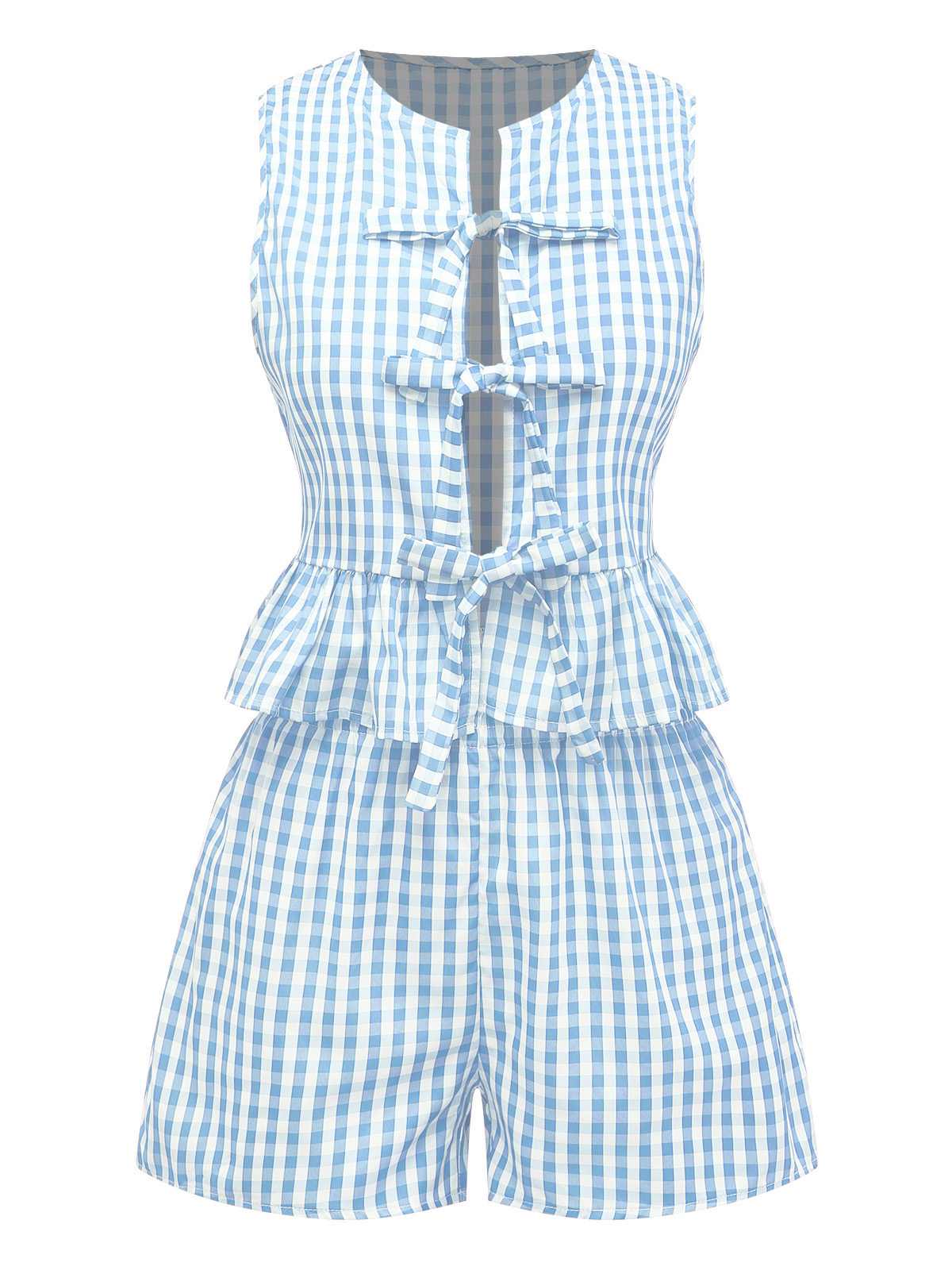 2PCS 1950s Plaid Ruffled Bow Vest & Shorts - Image 7