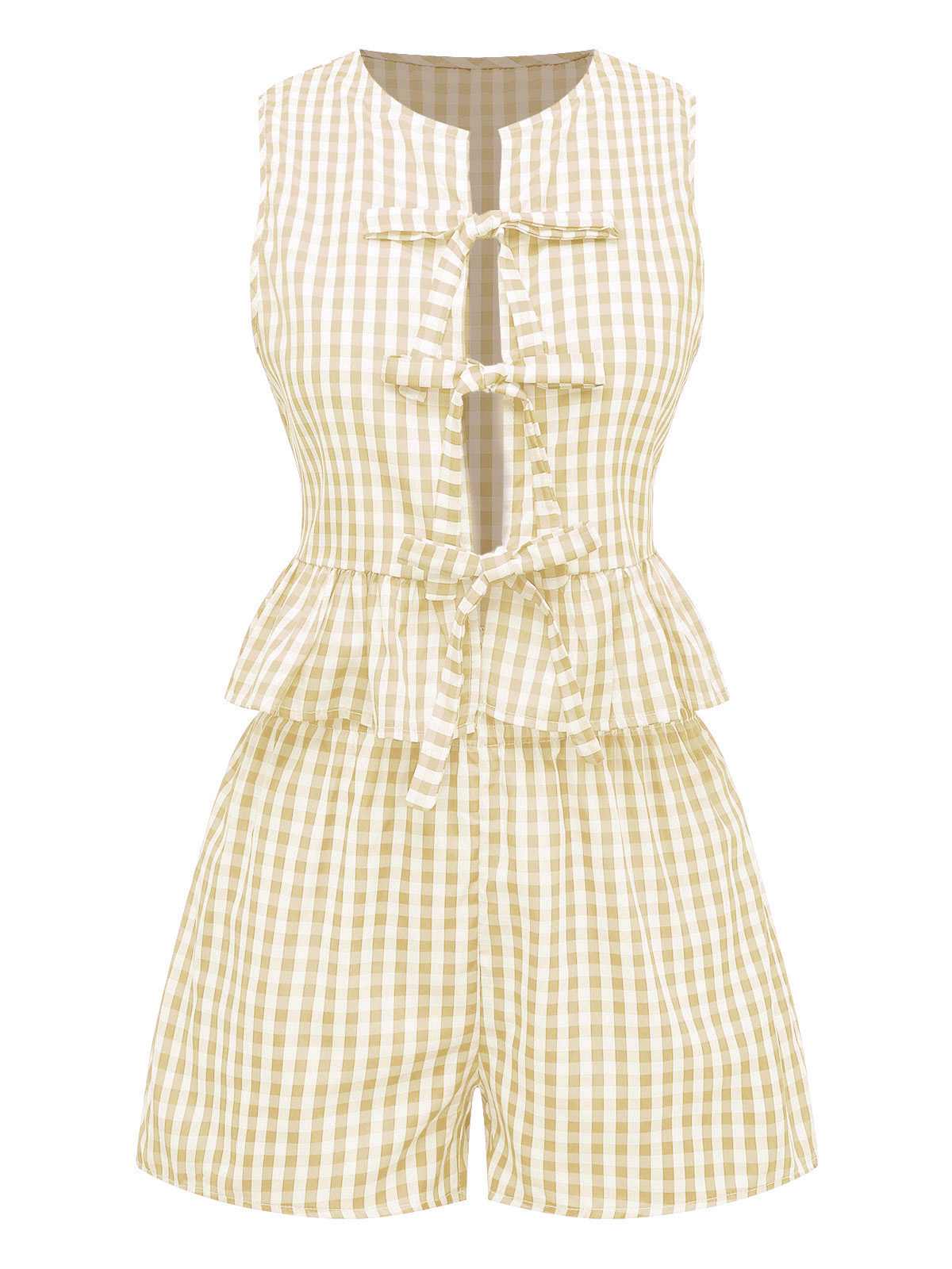 2PCS 1950s Plaid Ruffled Bow Vest & Shorts - Image 9