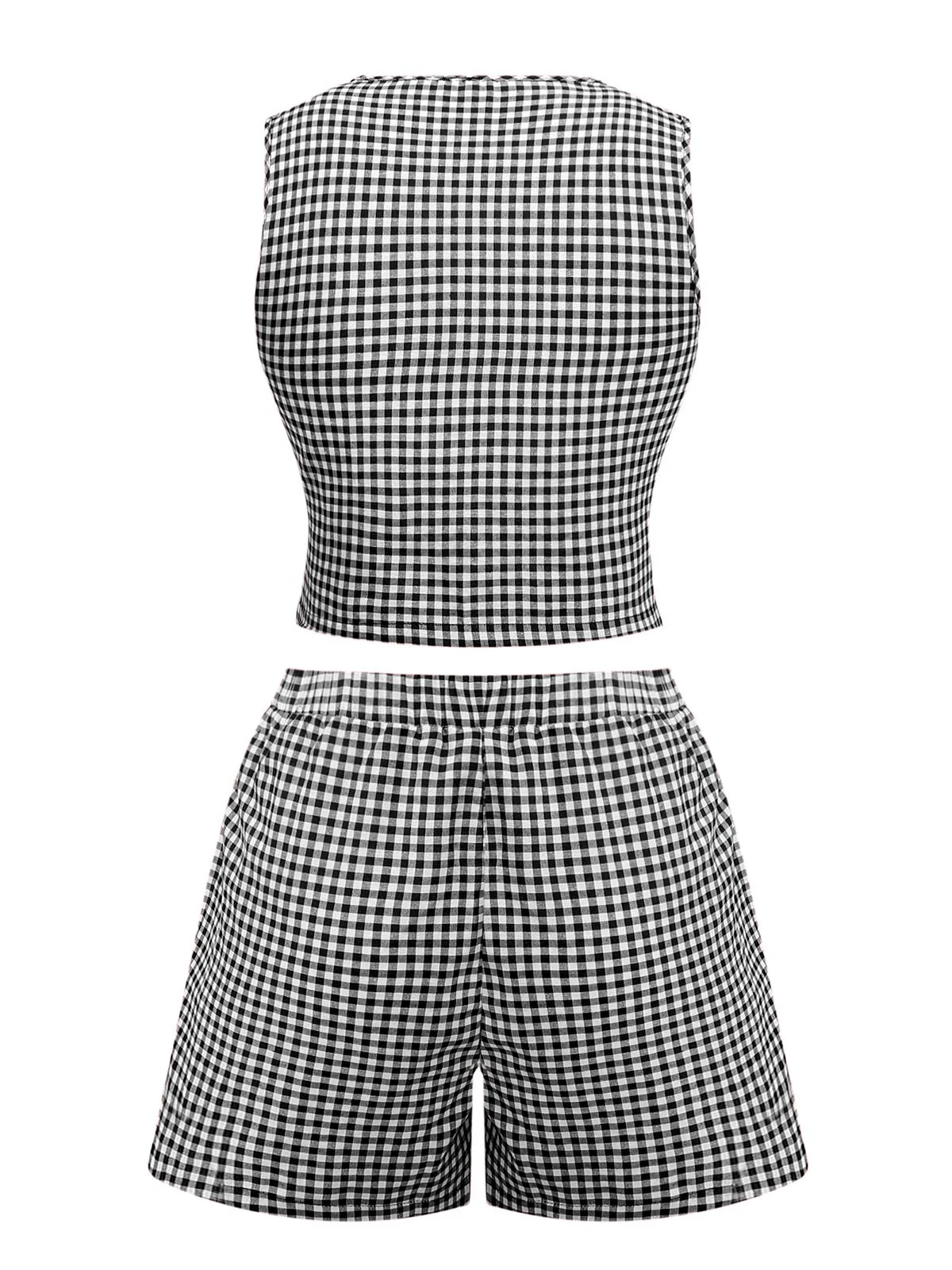2PCS 1950s Plaid V-Neck Bind Vest & Shorts - Image 2
