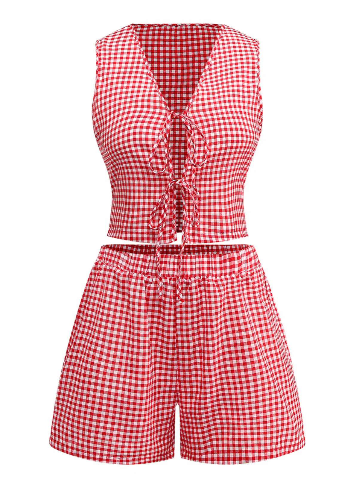 2PCS 1950s Plaid V-Neck Bind Vest & Shorts - Image 3