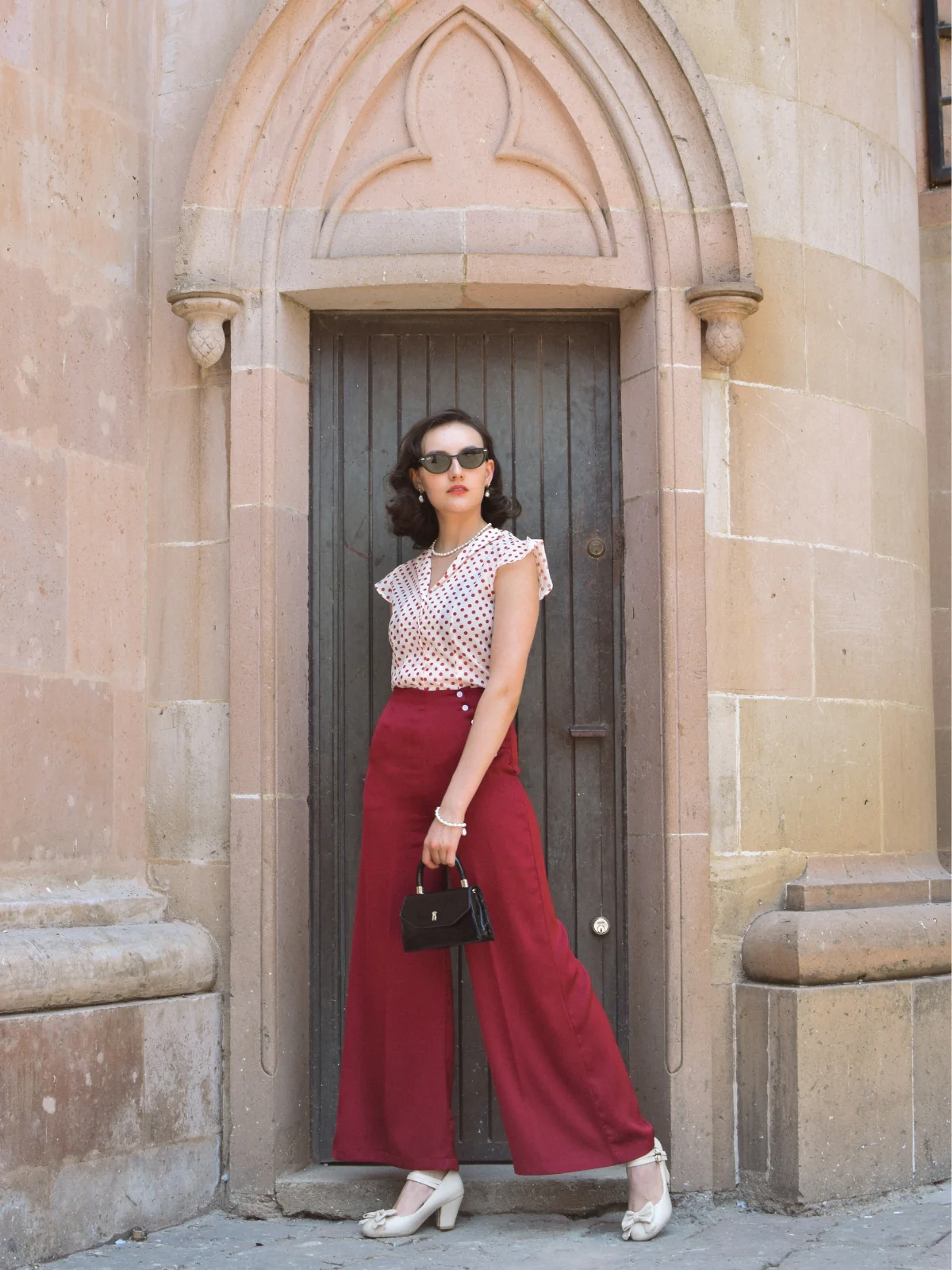 2PCS 1950s Red Polka Dot Blouse & Burgundy Pants - Image 2