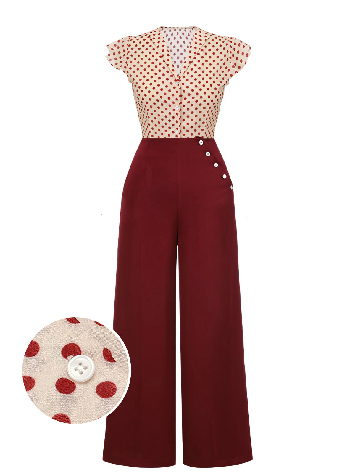 2PCS 1950s Red Polka Dot Blouse & Burgundy Pants - Image 3