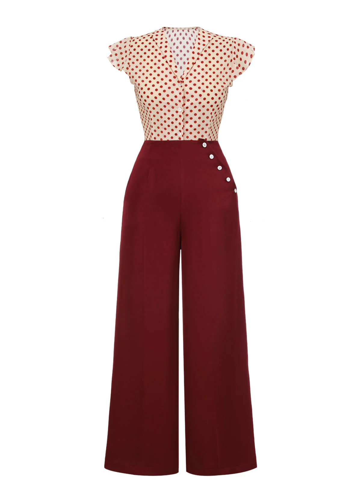 2PCS 1950s Red Polka Dot Blouse & Burgundy Pants - Image 4