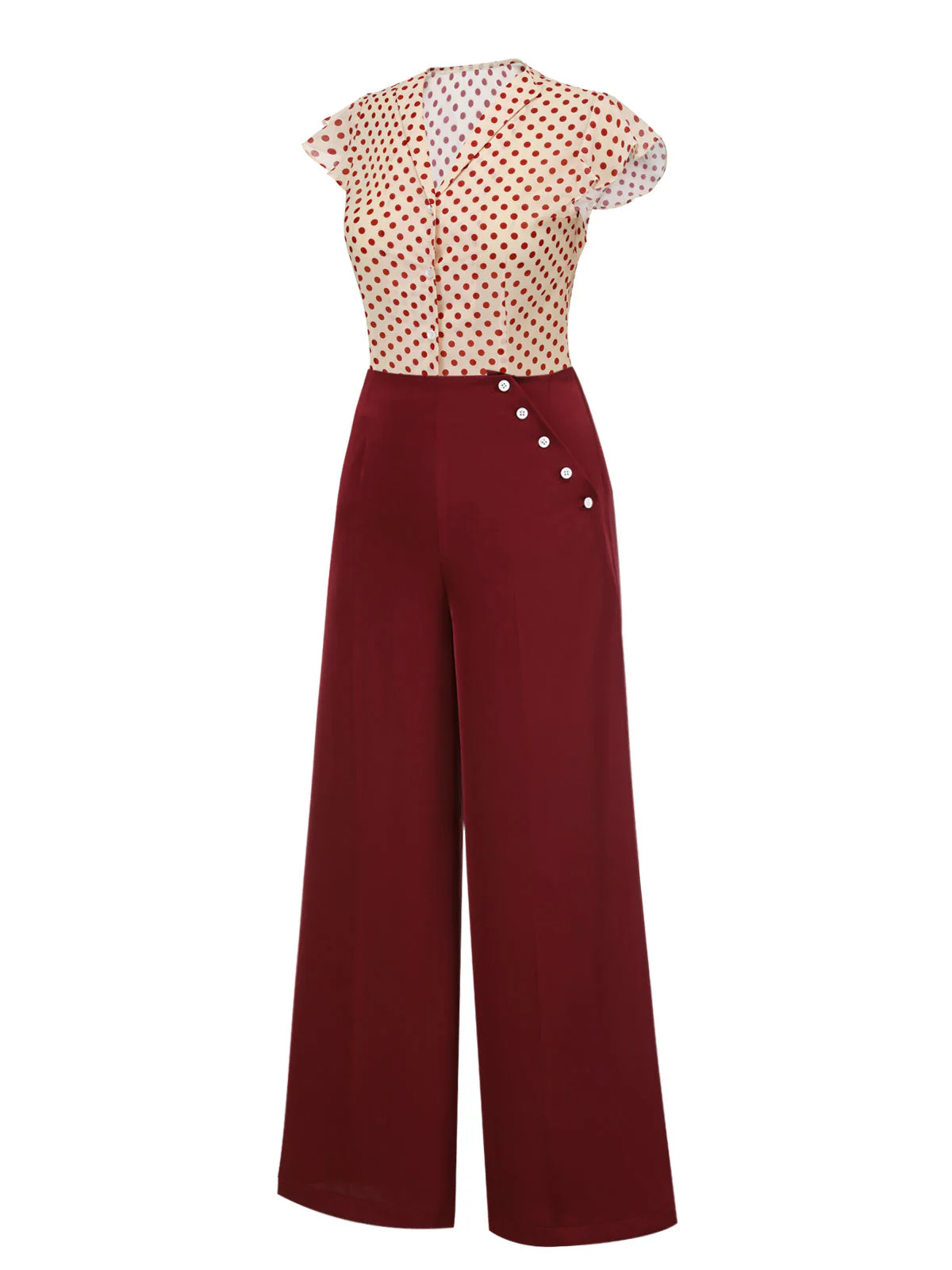2PCS 1950s Red Polka Dot Blouse & Burgundy Pants - Image 5