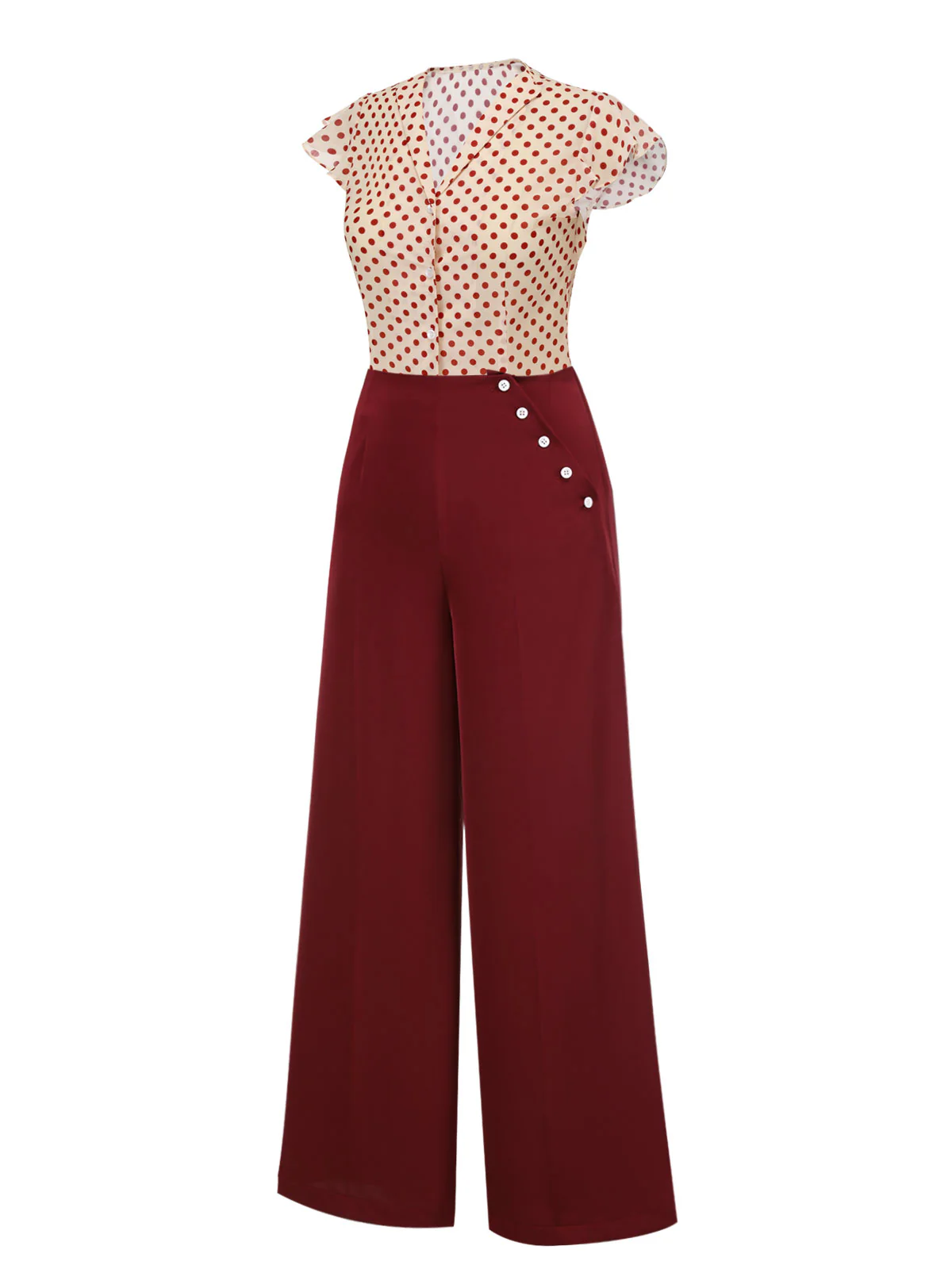 2PCS 1950s Red Polka Dot Blouse & Burgundy Pants - Image 3