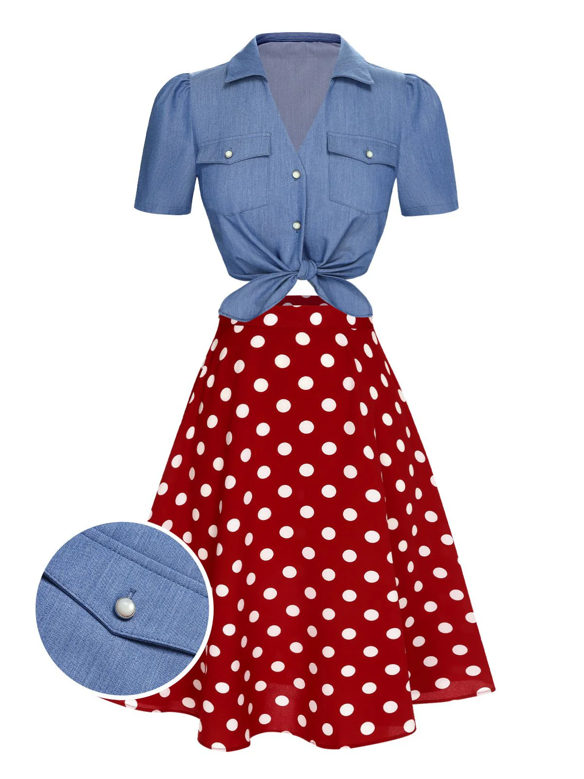 2PCS 1950s Solid Blouse & Polka Dot Skirt - Image 2