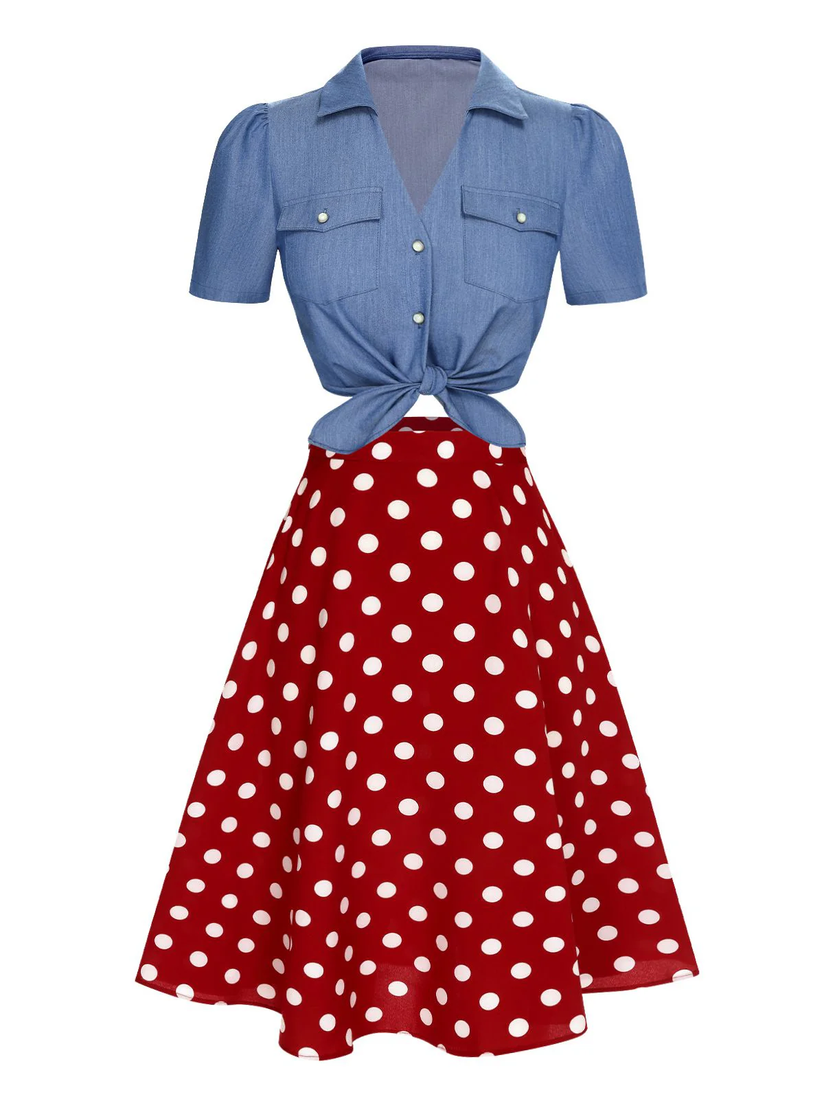 2PCS 1950s Solid Blouse & Polka Dot Skirt - Image 3