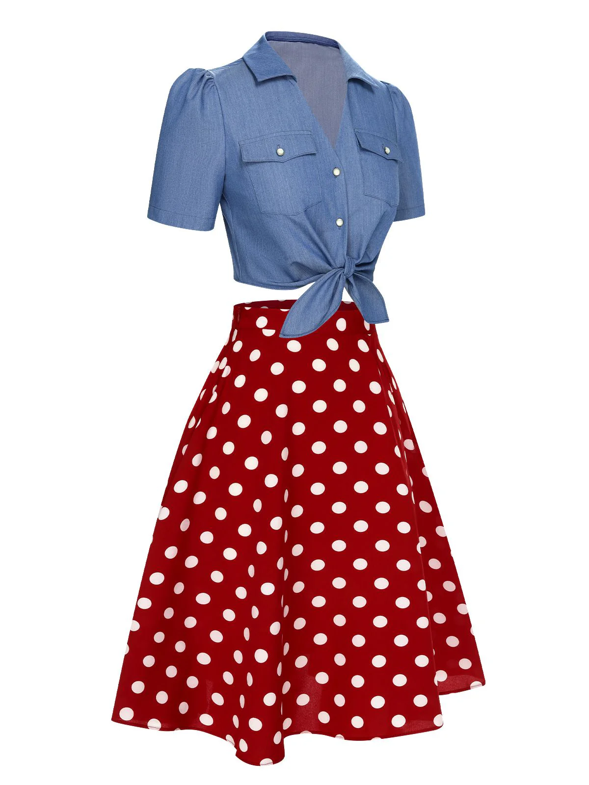 2PCS 1950s Solid Blouse & Polka Dot Skirt - Image 4