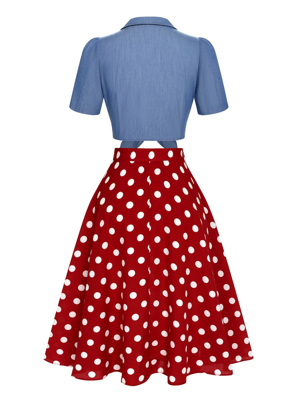 2PCS 1950s Solid Blouse & Polka Dot Skirt - Image 5