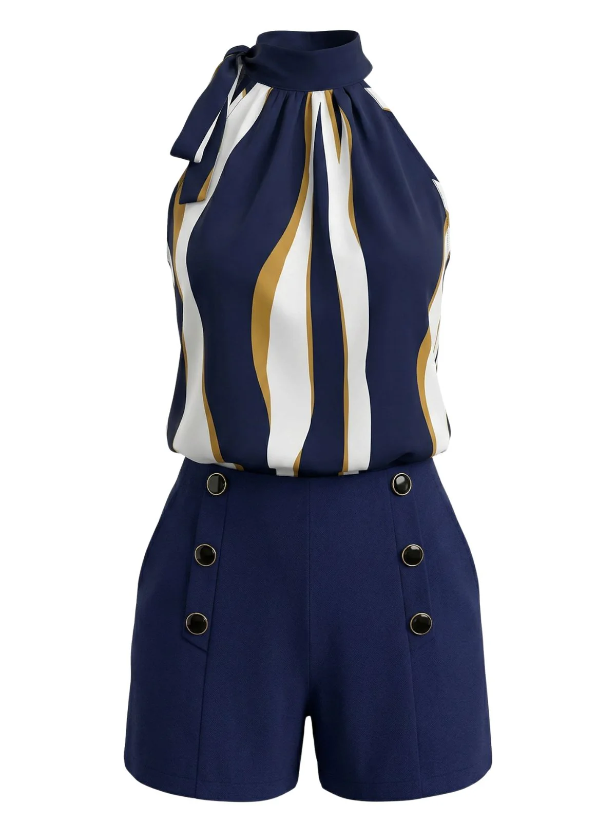 2PCS 1950s Tie-Neck Abstract Wavy Striped Top & Button Shorts - Image 2