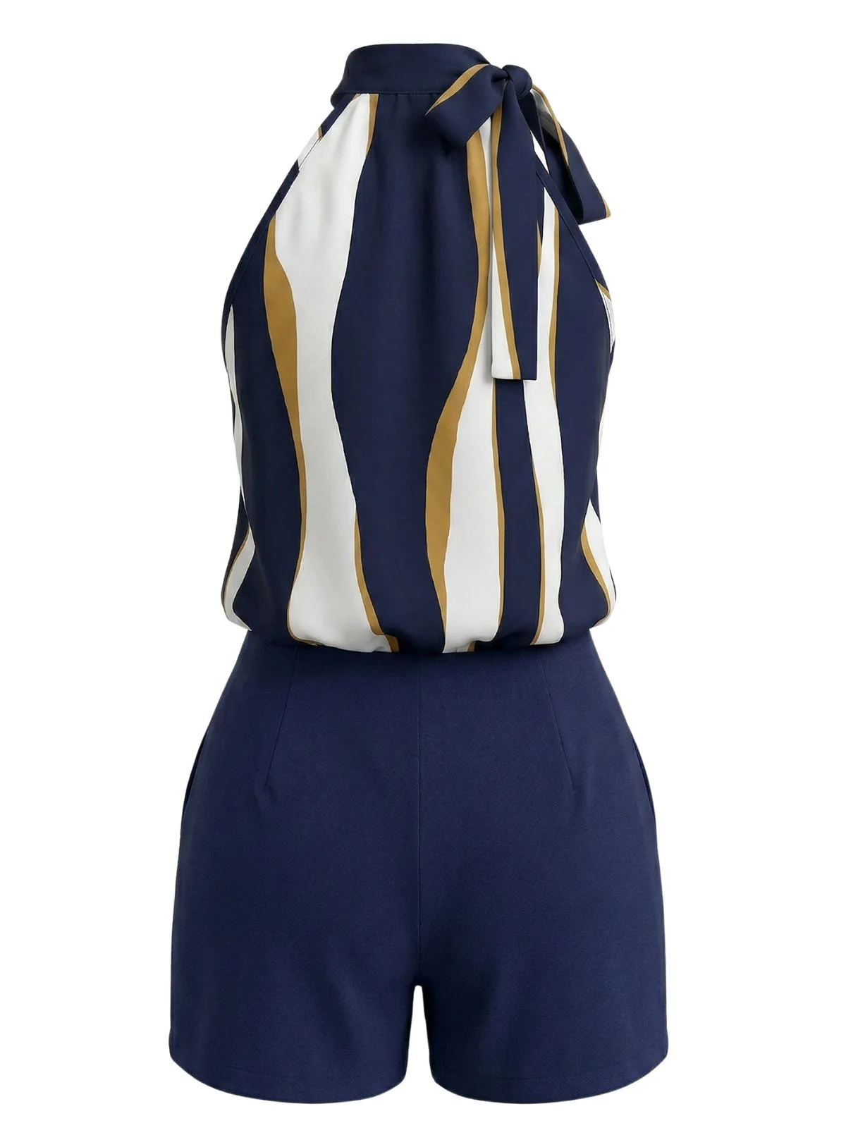 2PCS 1950s Tie-Neck Abstract Wavy Striped Top & Button Shorts - Image 3