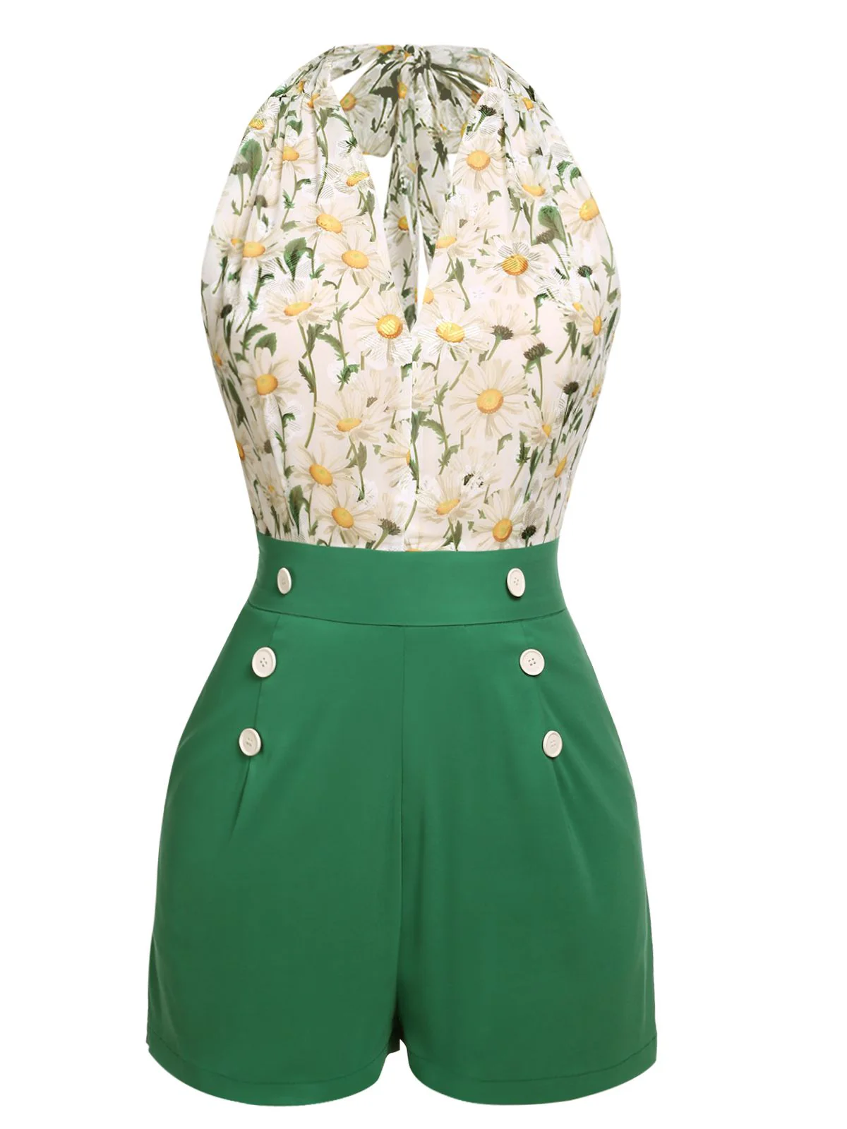 2PCS 1950s Yellow Sunflower & Green Floral Halter Romper - Image 10
