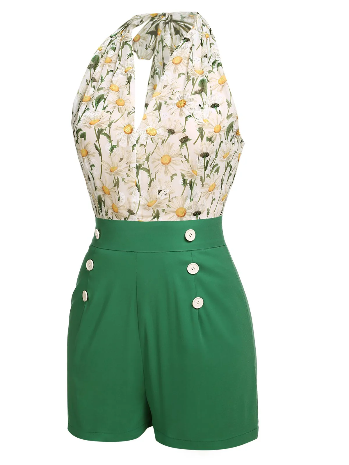 2PCS 1950s Yellow Sunflower & Green Floral Halter Romper - Image 11