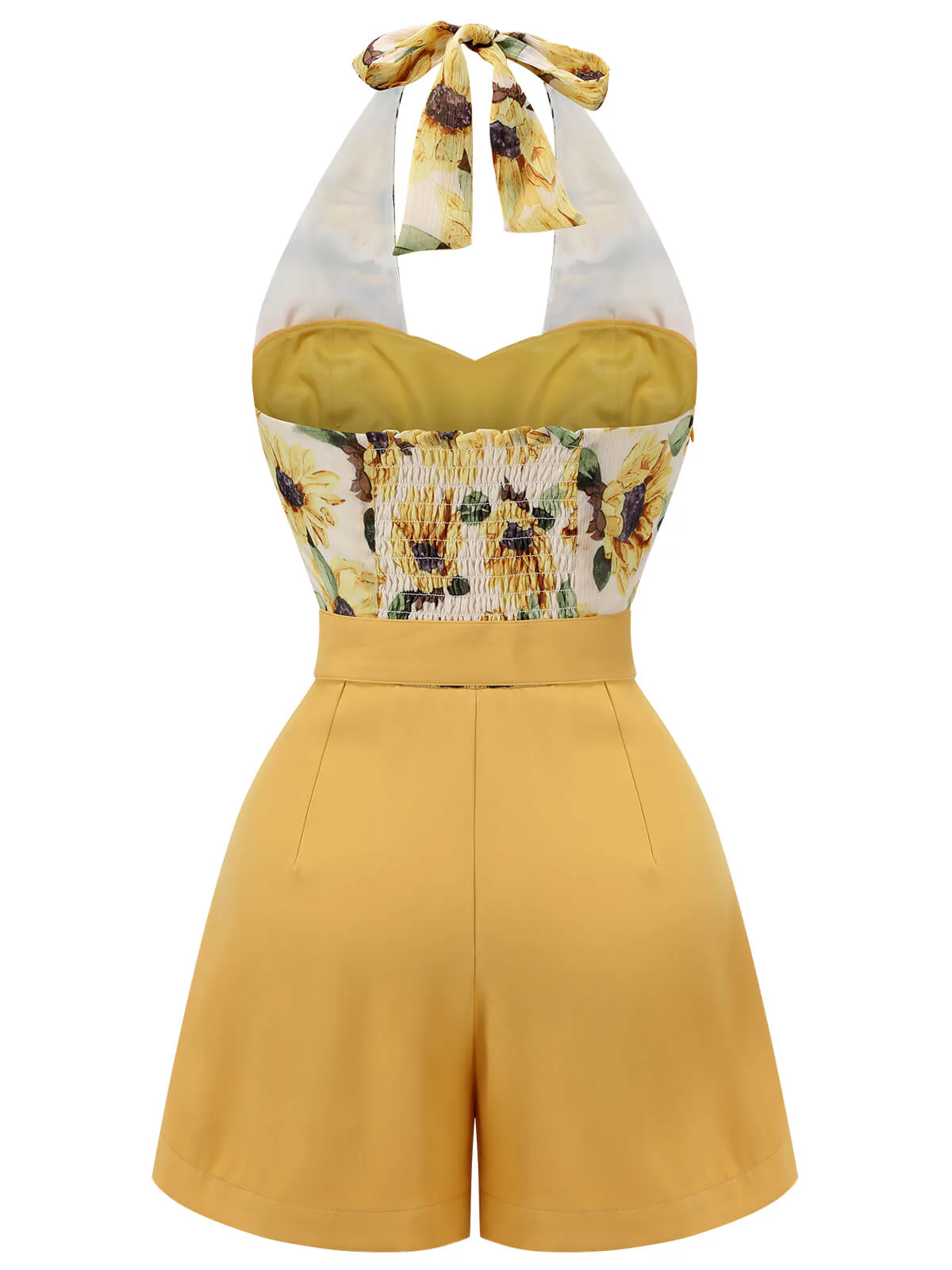 2PCS 1950s Yellow Sunflower & Green Floral Halter Romper - Image 5