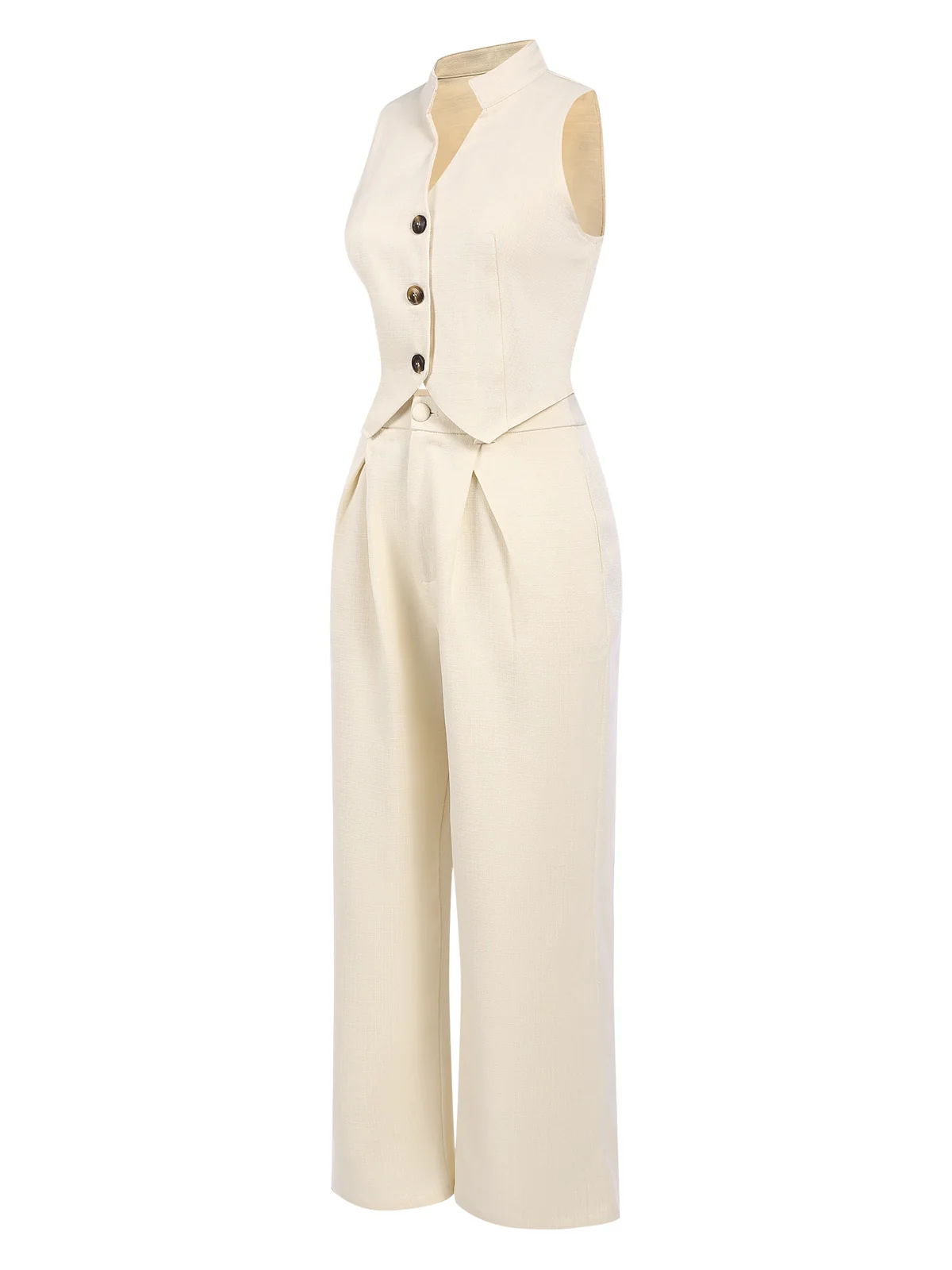 2PCS 1960s Beige Buttoned Vest Top & Pocket Wide Leg Pants - Image 3