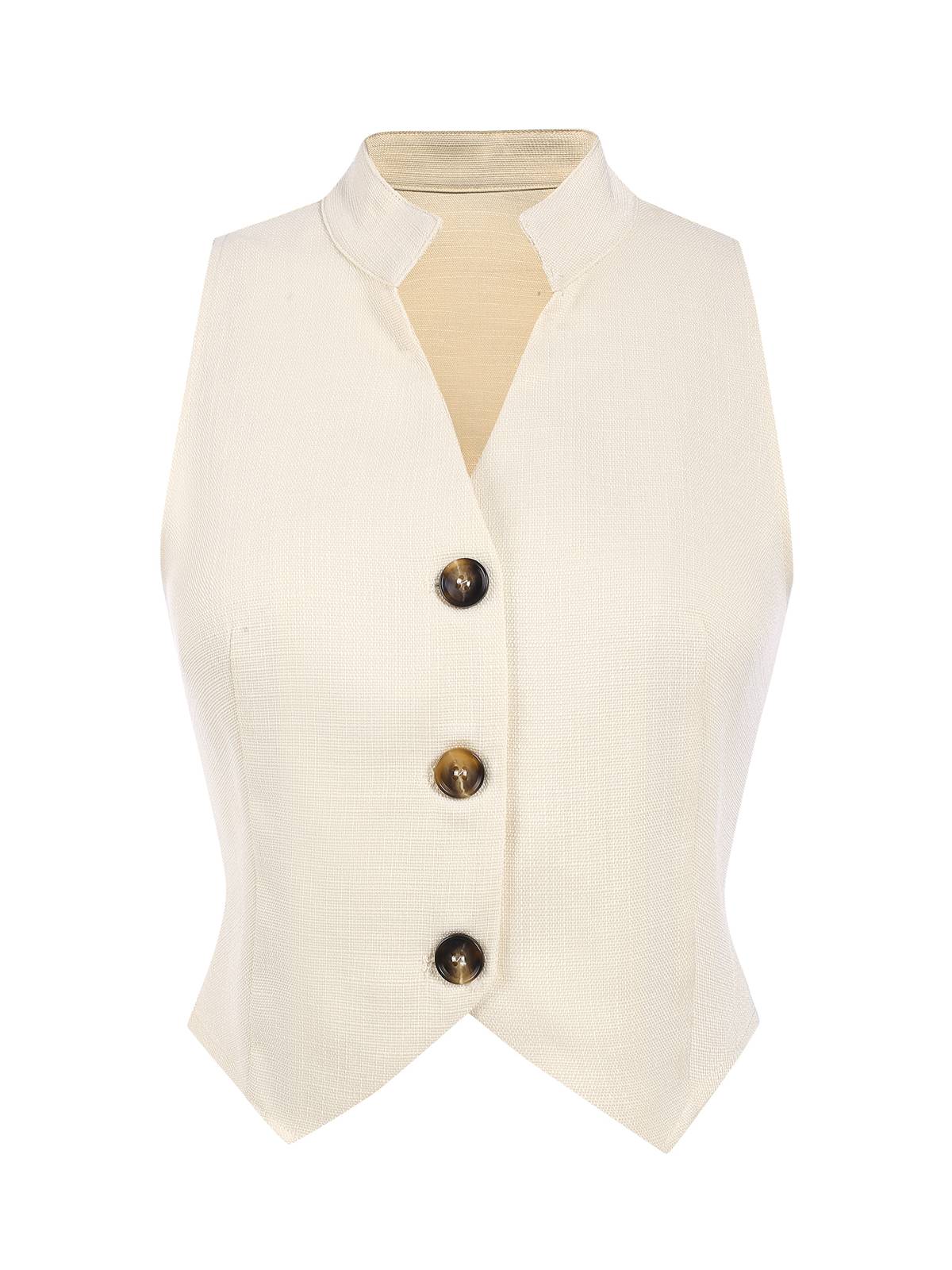 2PCS 1960s Beige Buttoned Vest Top & Pocket Wide Leg Pants - Image 4