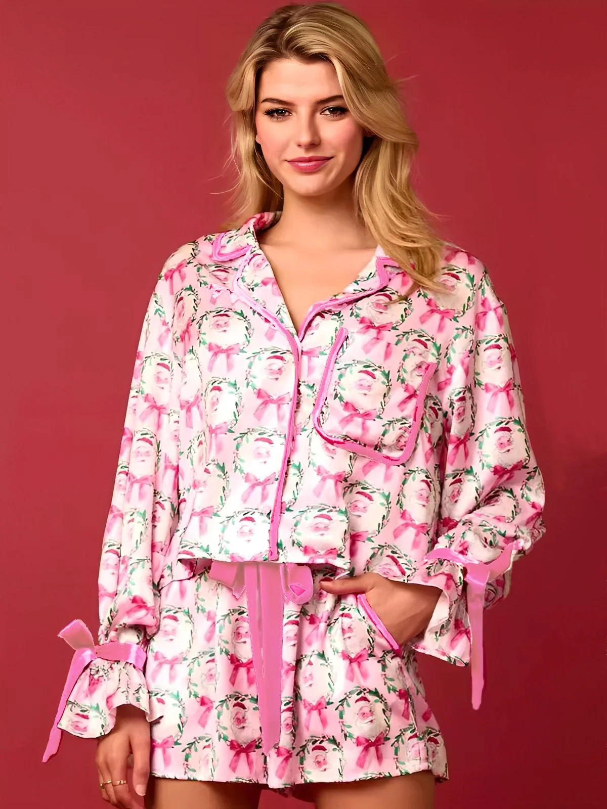2PCS 1960s Christmas Long Sleeve Button Pajama Set - Image 3