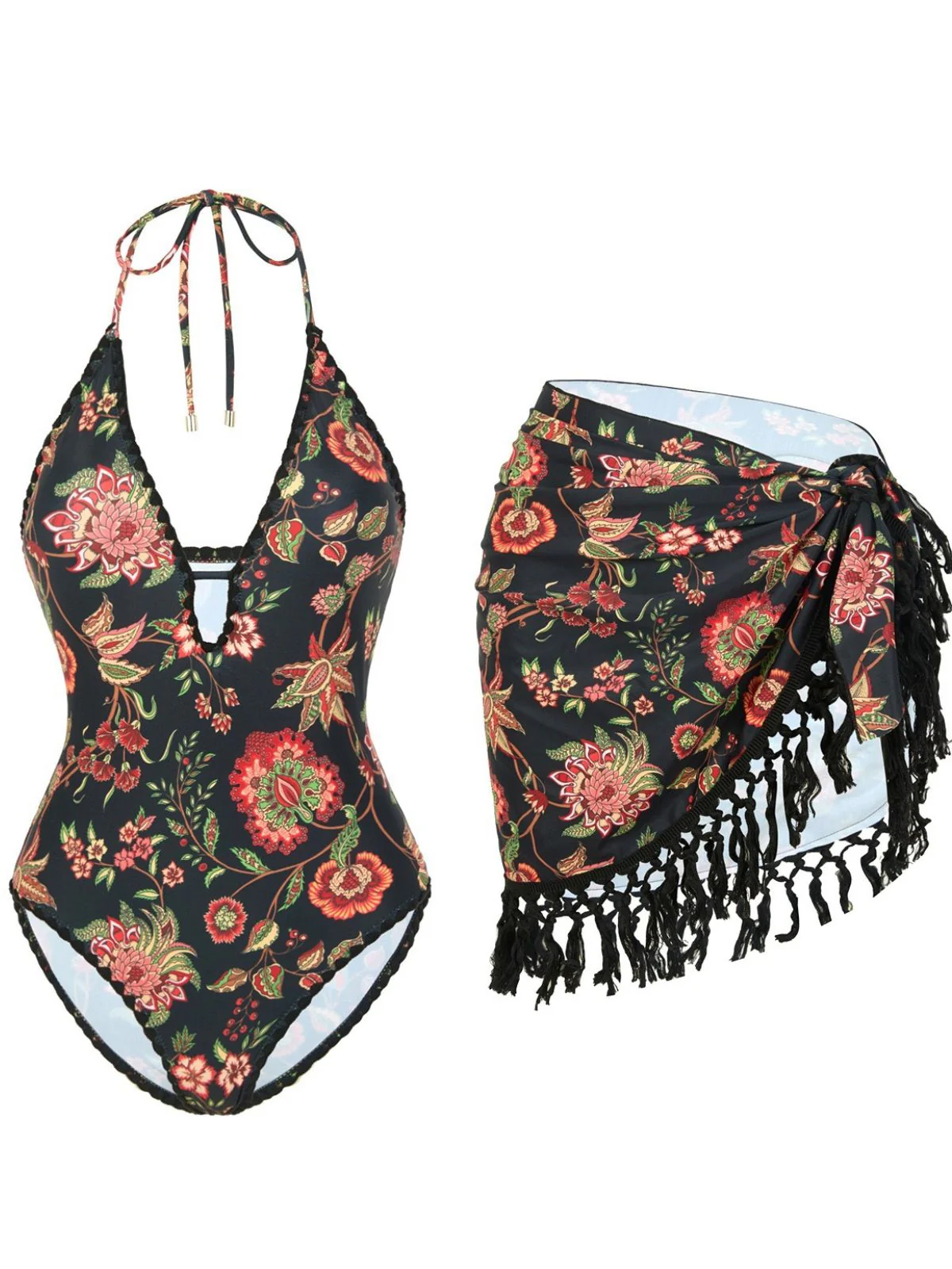 2PCS 1960s Deep V-Neck Fringe Swimsuit & Cover-Up - Image 5