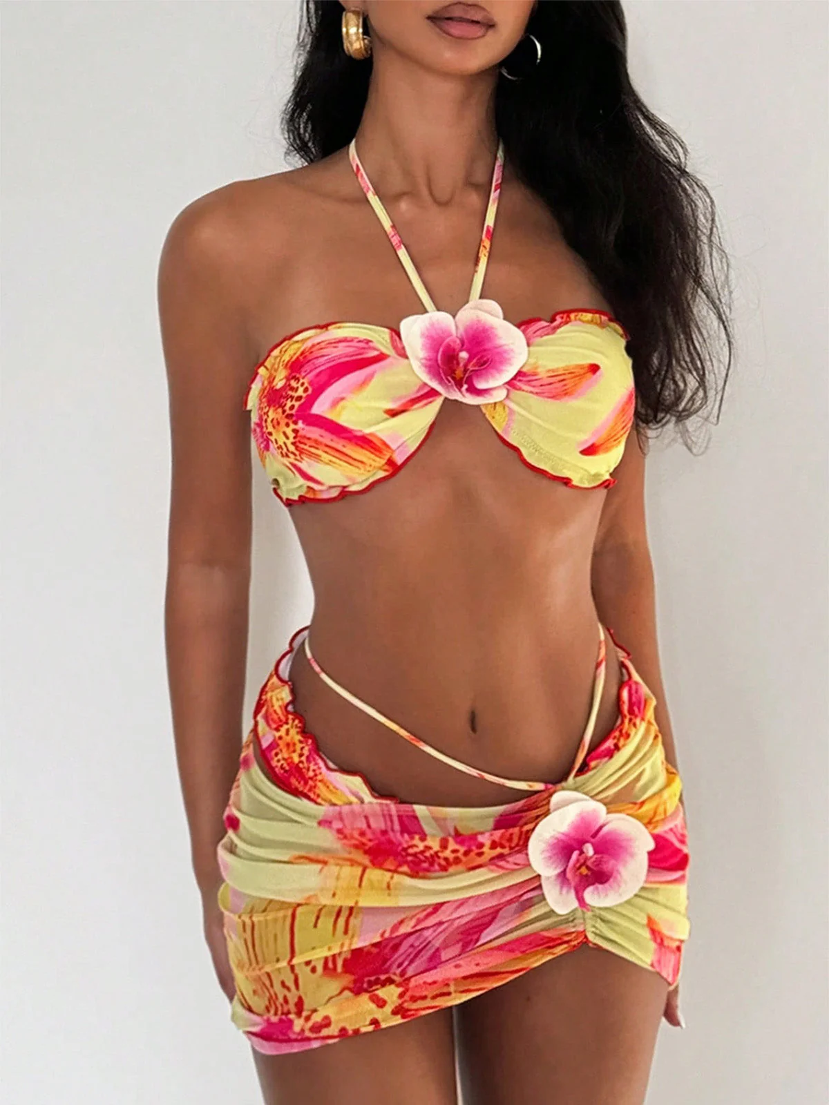 2PCS 1960s Floral Print Halter Bikini Set & Bodycon Cover-Up - Image 2
