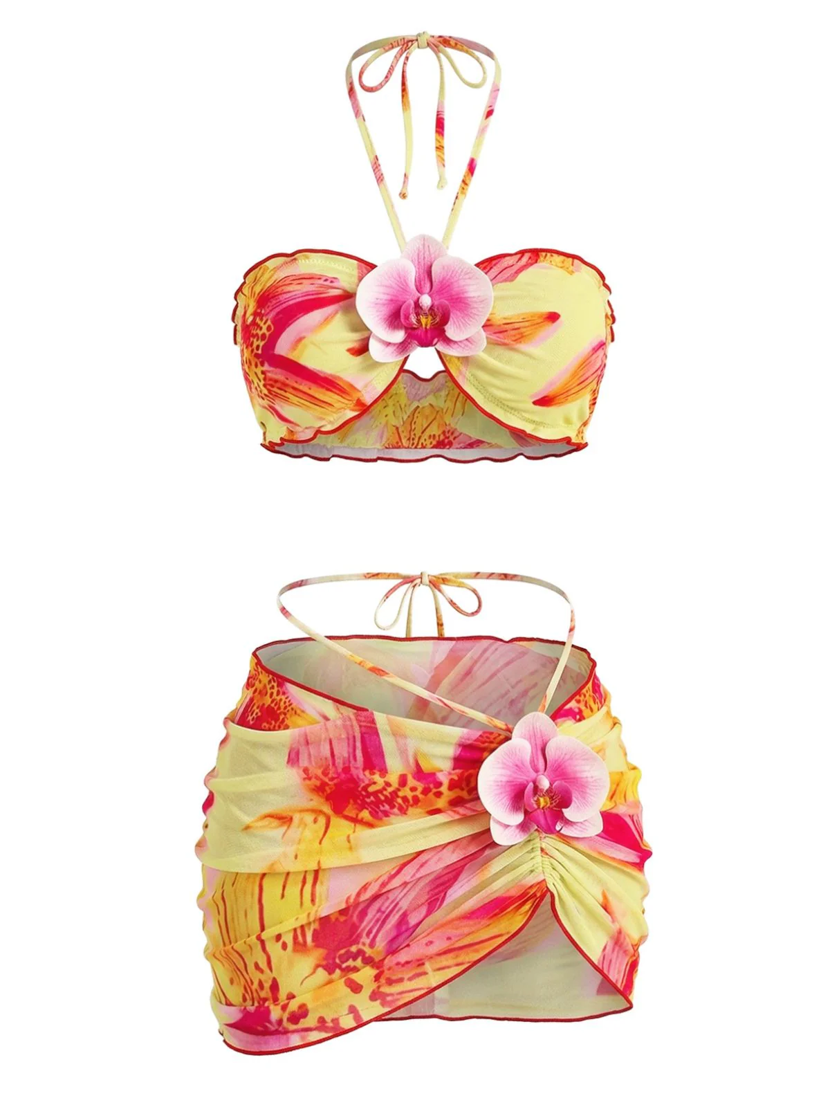 2PCS 1960s Floral Print Halter Bikini Set & Bodycon Cover-Up - Image 3