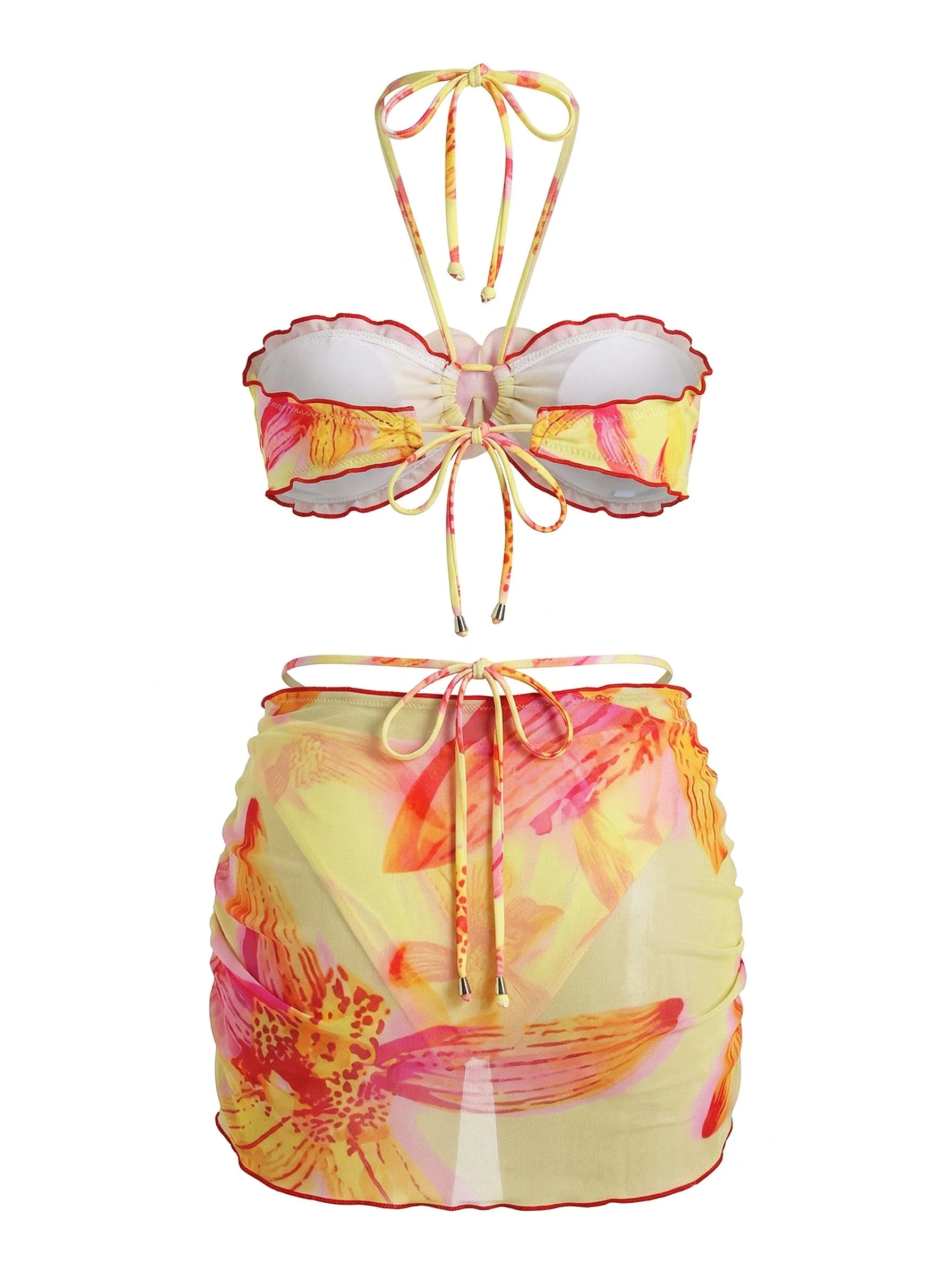 2PCS 1960s Floral Print Halter Bikini Set & Bodycon Cover-Up - Image 4