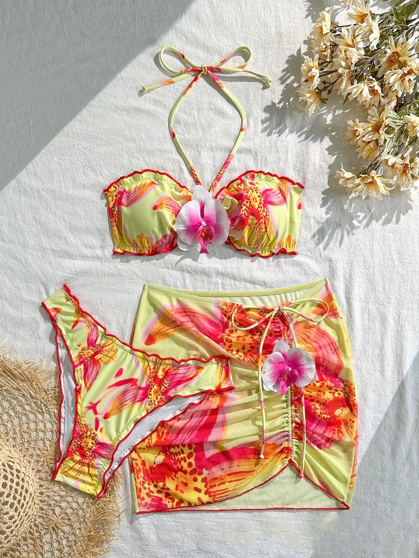 2PCS 1960s Floral Print Halter Bikini Set & Bodycon Cover-Up - Image 5