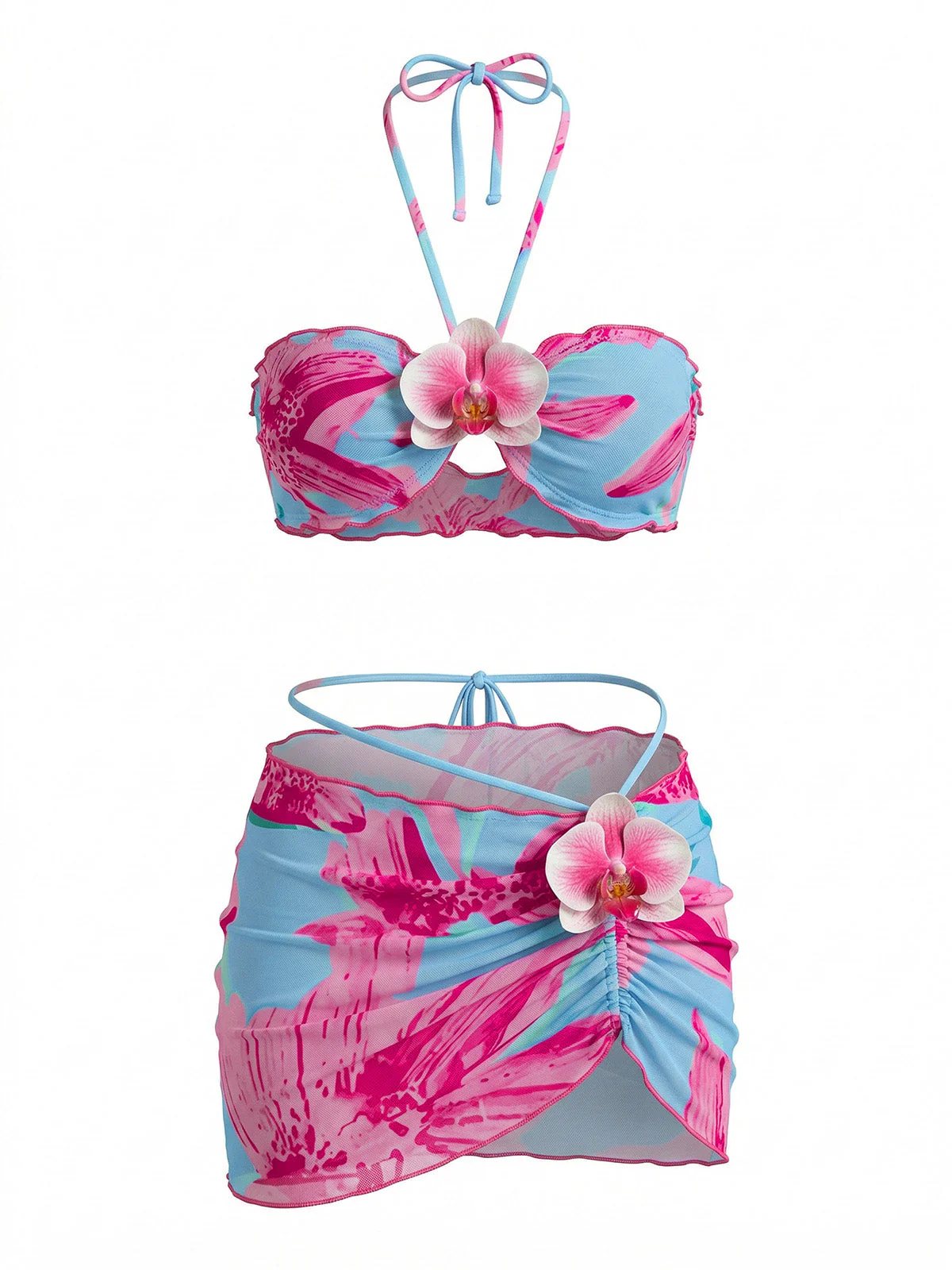 2PCS 1960s Floral Print Halter Bikini Set & Bodycon Cover-Up - Image 6