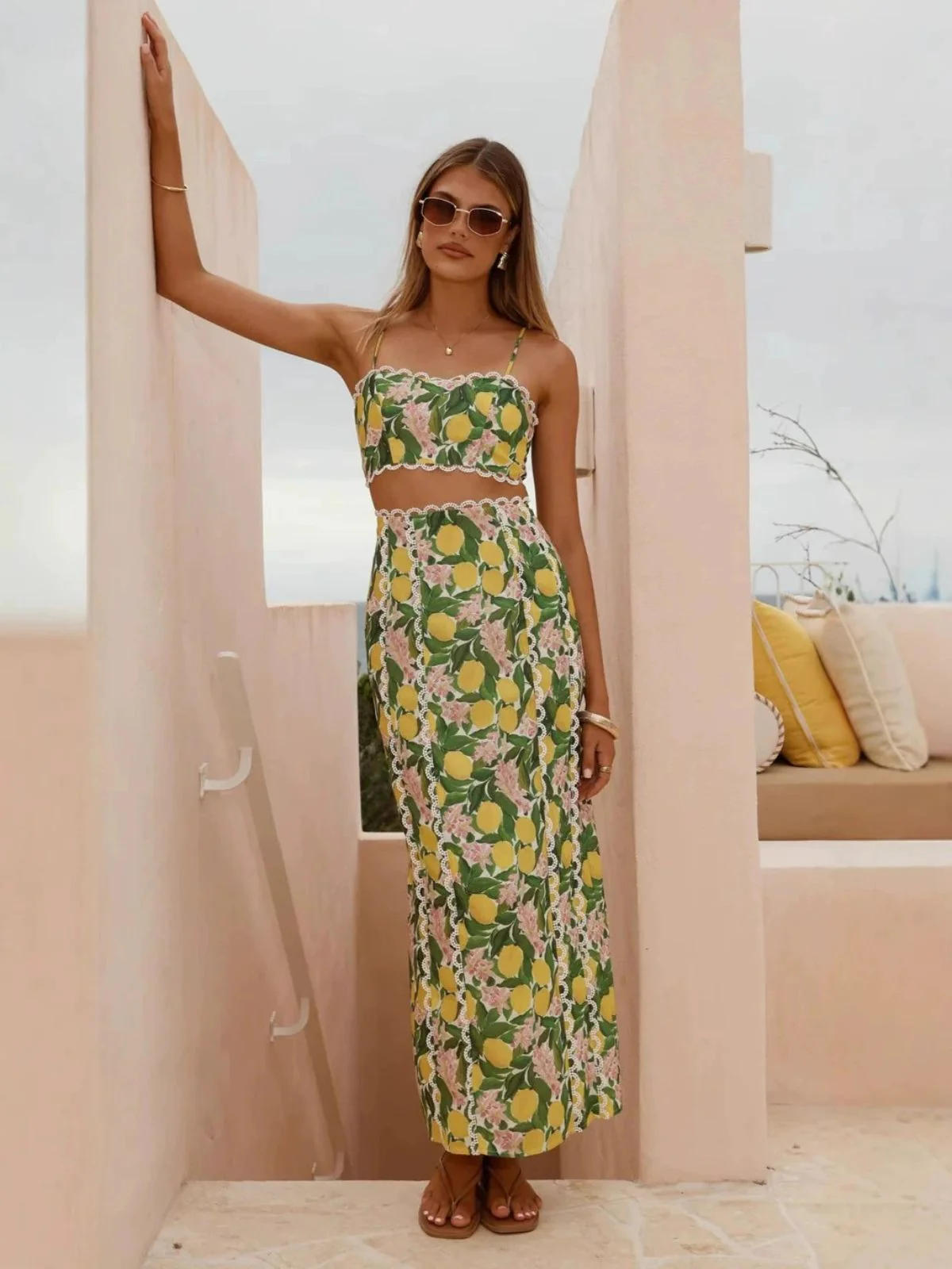 2PCS 1960s Lace Lemon Slip Top & Maxi Skirt - Image 2
