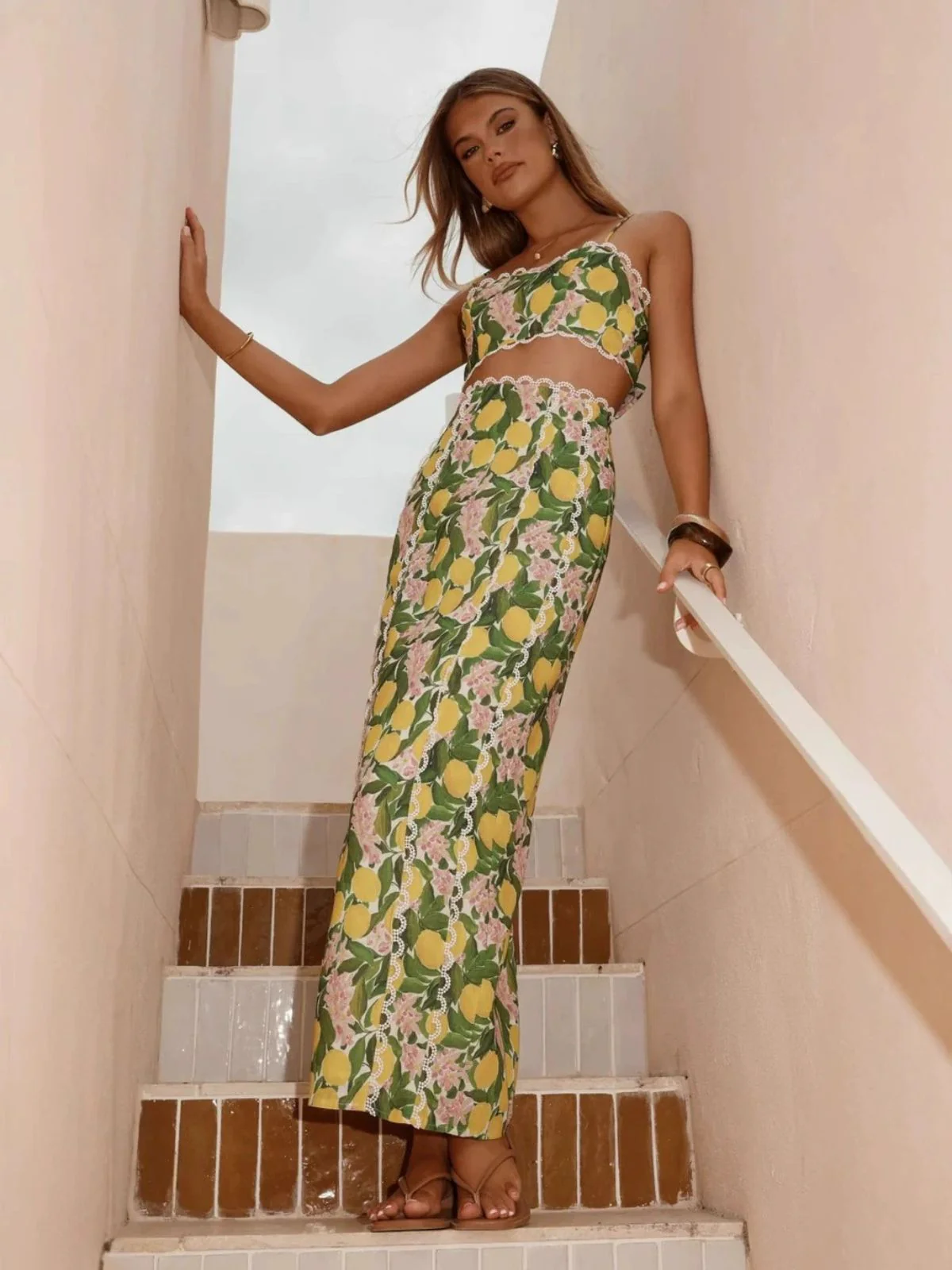 2PCS 1960s Lace Lemon Slip Top & Maxi Skirt - Image 3