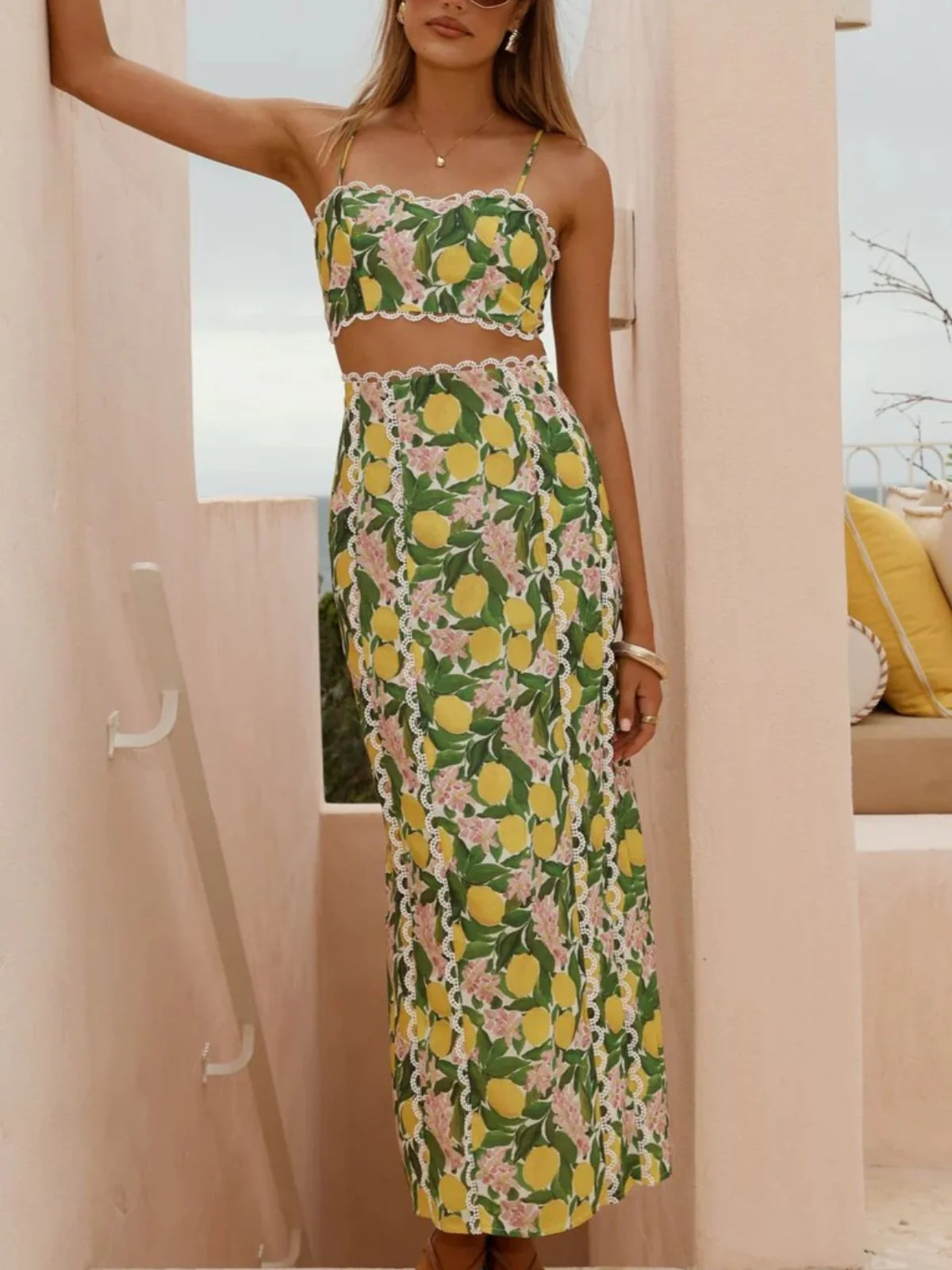 2PCS 1960s Lace Lemon Slip Top & Maxi Skirt - Image 4
