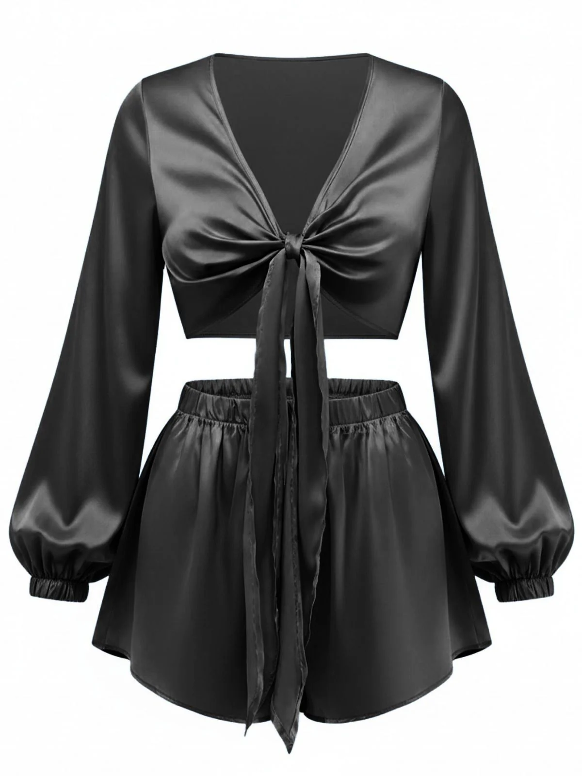 2PCS 1960s Satin Tie-Front Crop Top & Shorts - Image 6