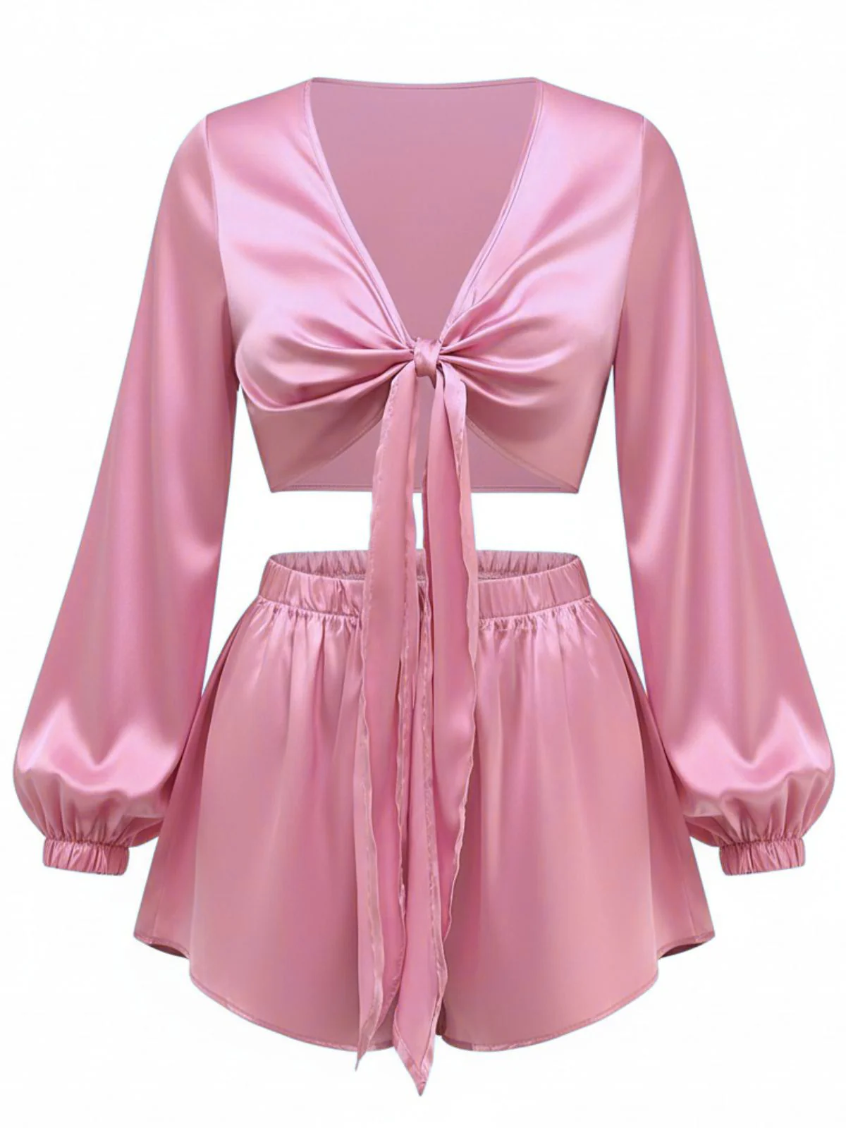 2PCS 1960s Satin Tie-Front Crop Top & Shorts - Image 8