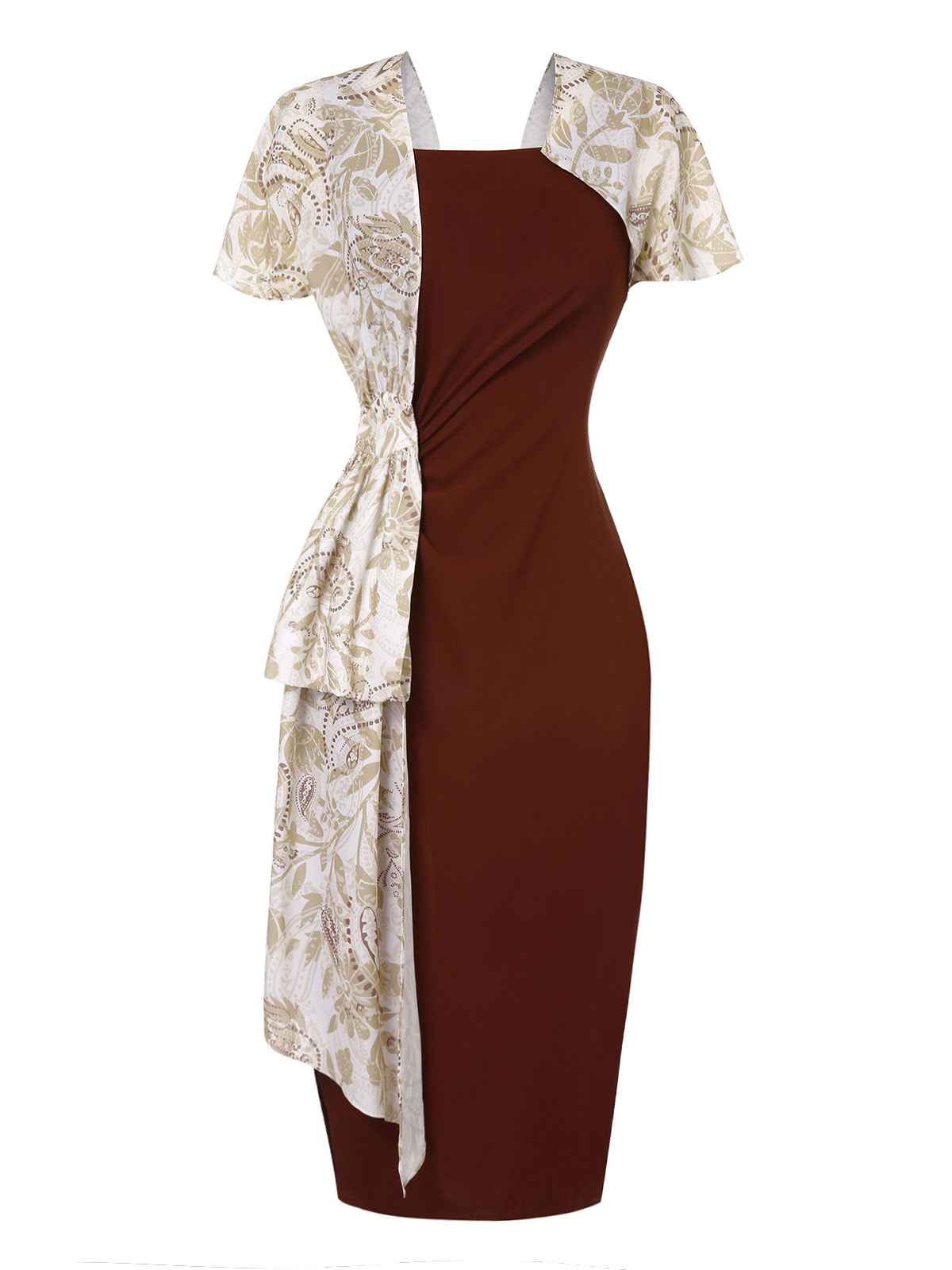 2PCS 1960s Solid Bodycon Dress & Floral Outwear - Image 2