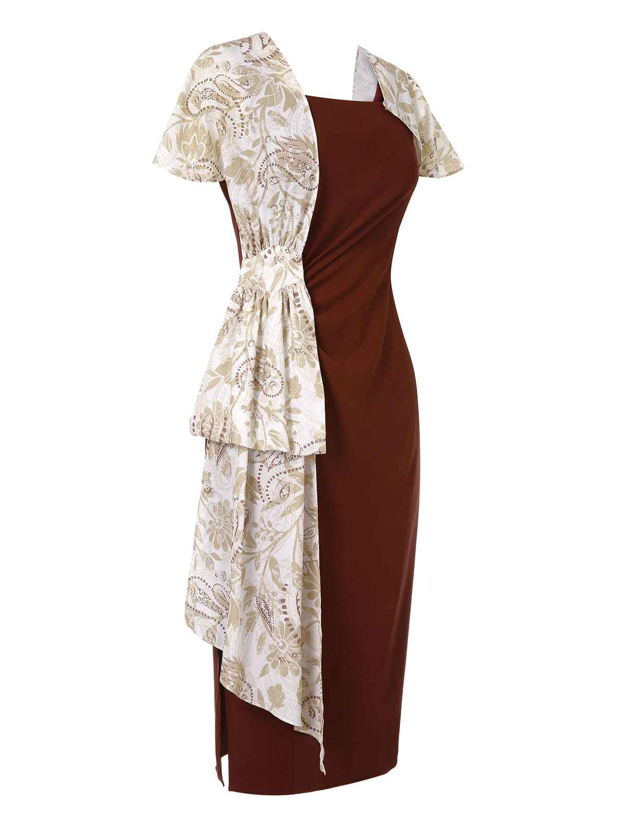 2PCS 1960s Solid Bodycon Dress & Floral Outwear - Image 3