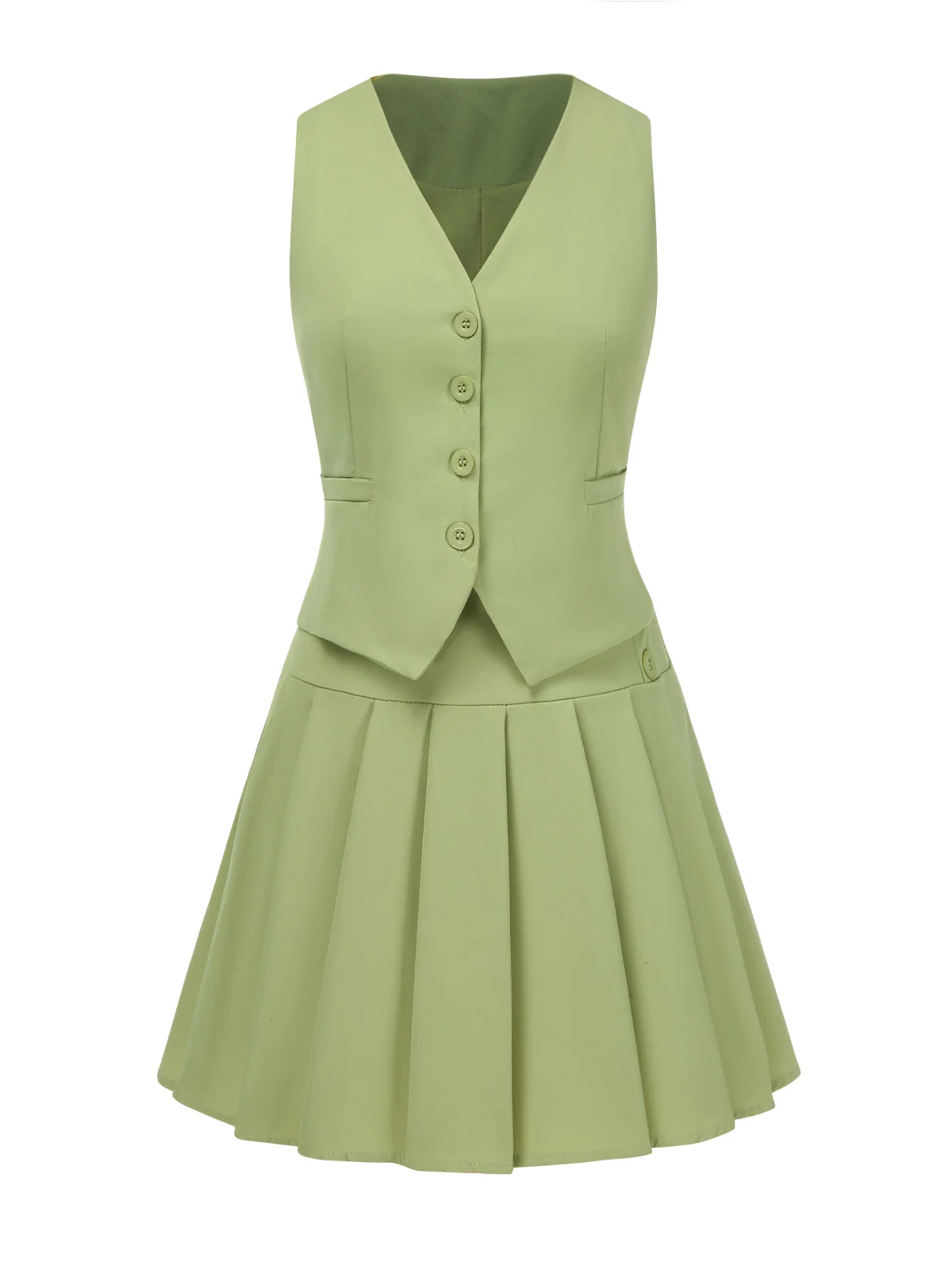 2PCS 1960s Solid Buttons Vest & Pleated Skirt - Image 3