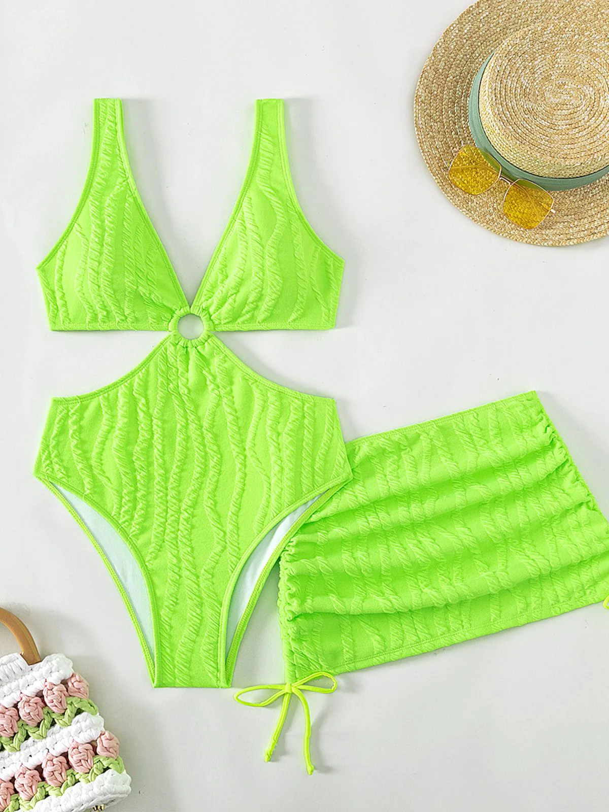 2PCS 1960s Solid Cut-Out Swimsuit & Skirt - Image 6