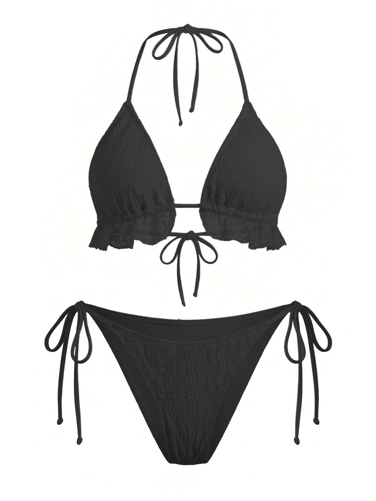 2PCS 1960s Solid Halter Lace Bikini Set & Ruffle Cover-Up - Image 10