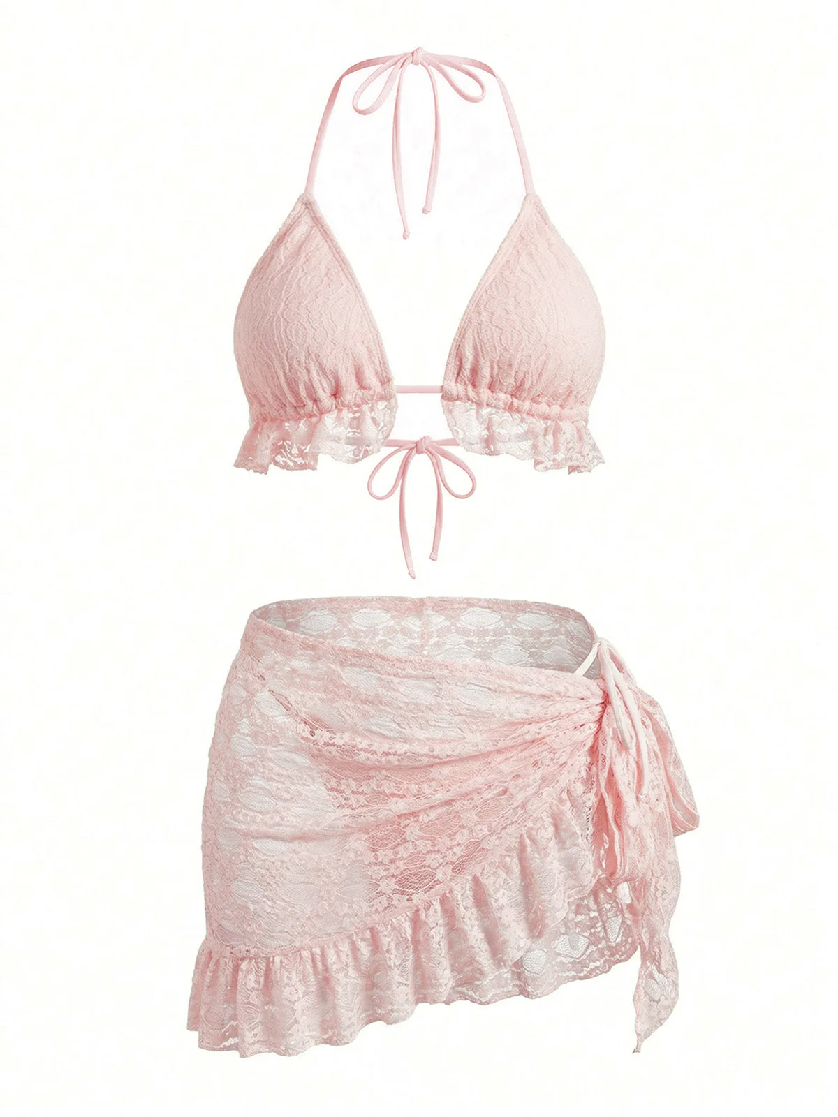 2PCS 1960s Solid Halter Lace Bikini Set & Ruffle Cover-Up - Image 2