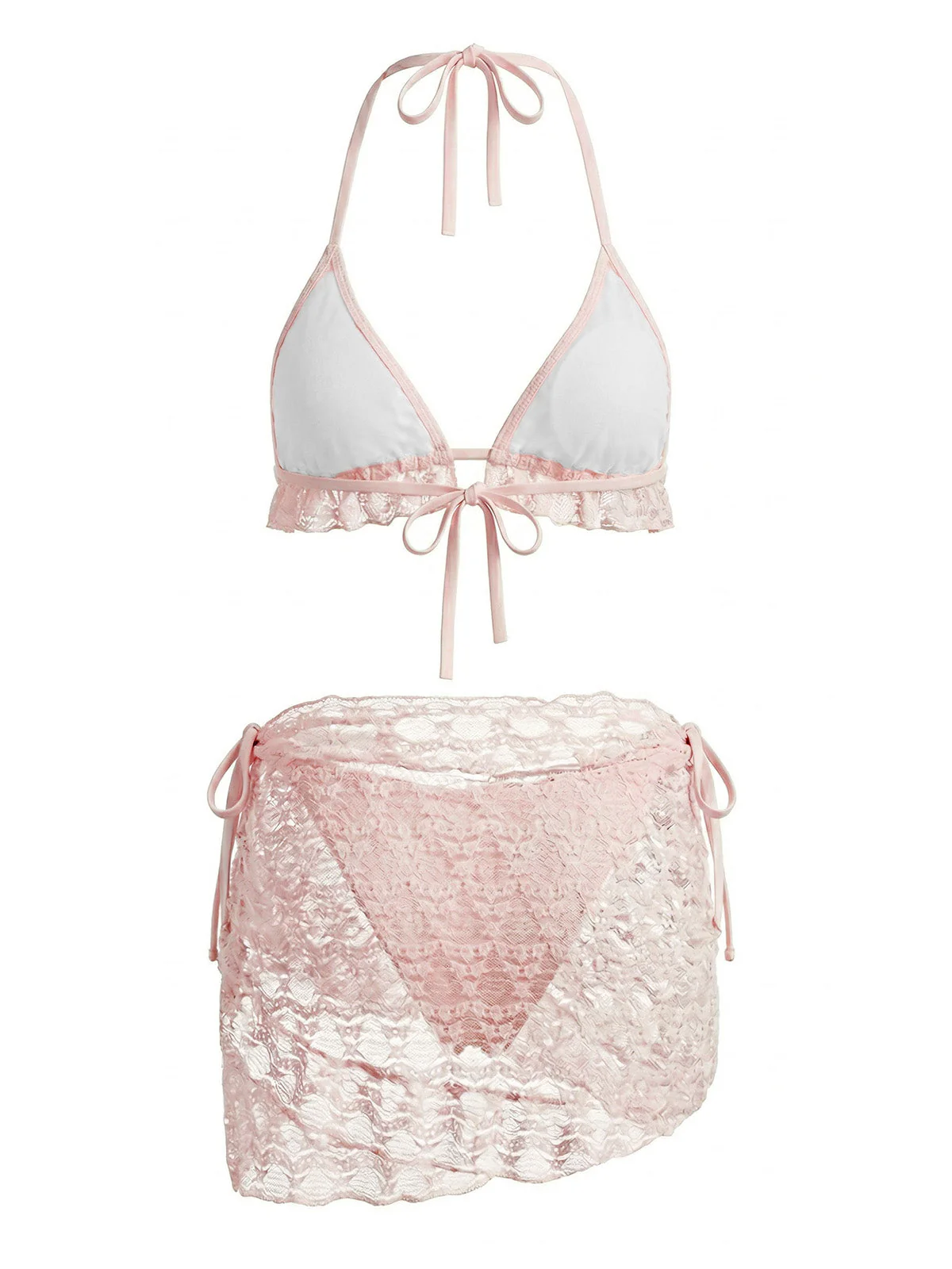 2PCS 1960s Solid Halter Lace Bikini Set & Ruffle Cover-Up - Image 3