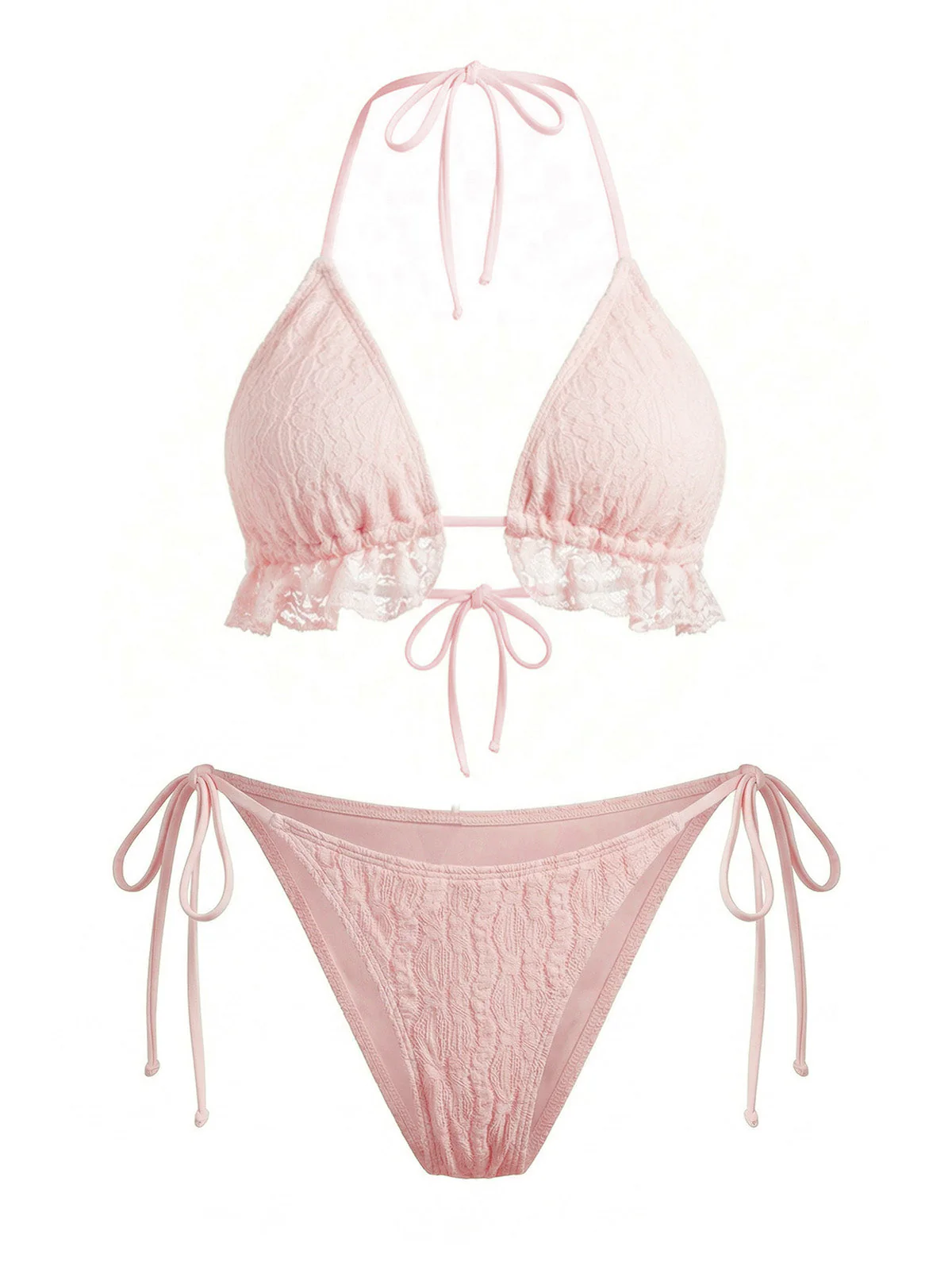 2PCS 1960s Solid Halter Lace Bikini Set & Ruffle Cover-Up - Image 4