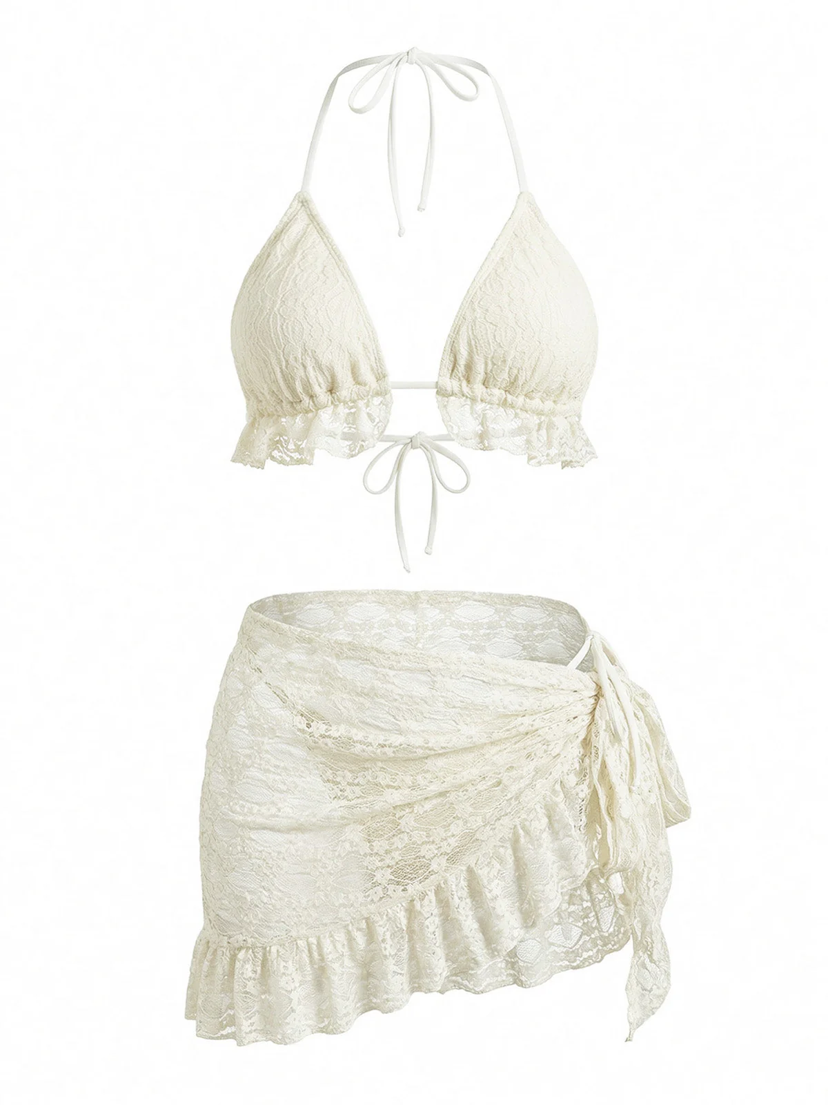 2PCS 1960s Solid Halter Lace Bikini Set & Ruffle Cover-Up - Image 5