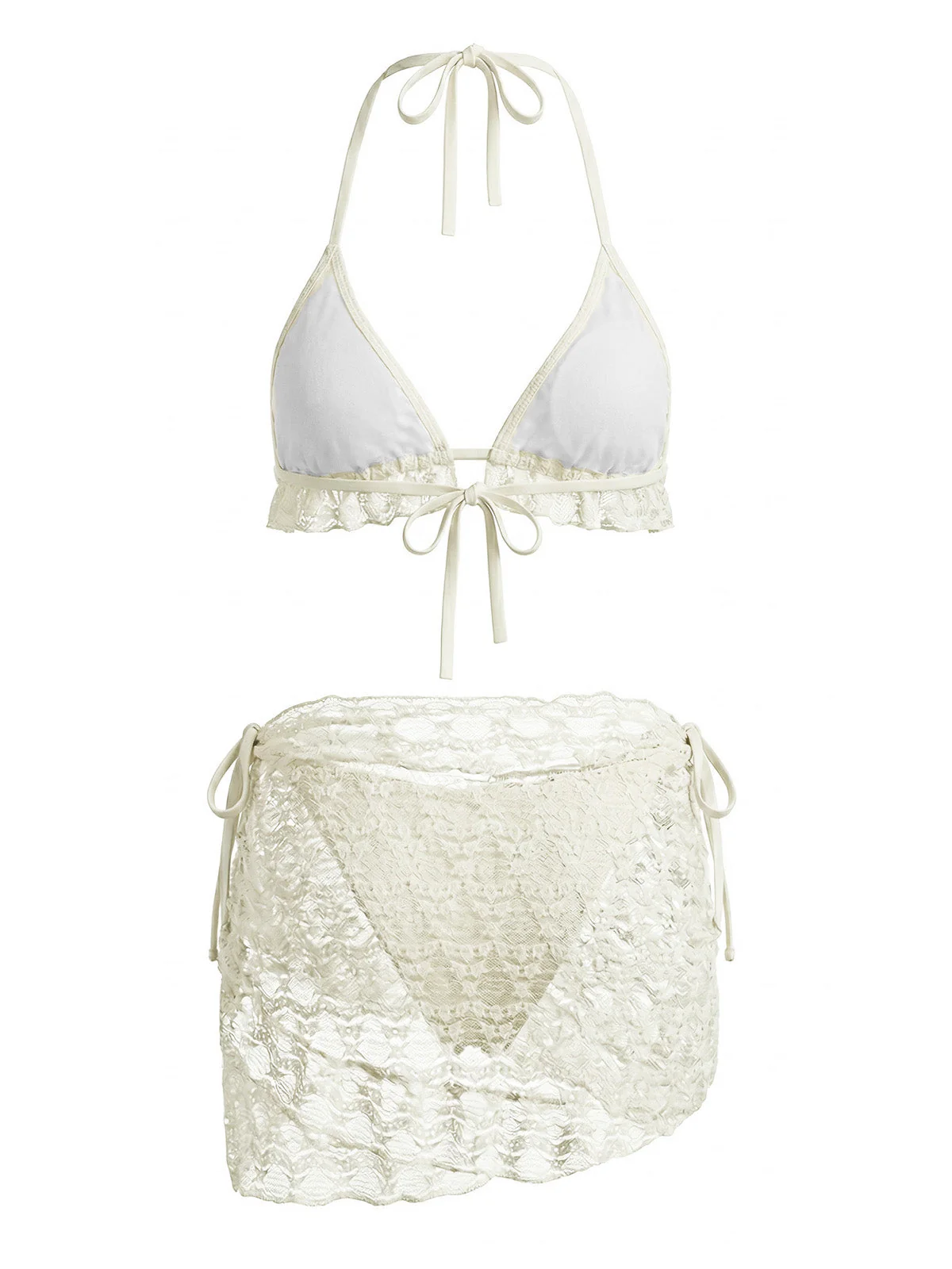 2PCS 1960s Solid Halter Lace Bikini Set & Ruffle Cover-Up - Image 6