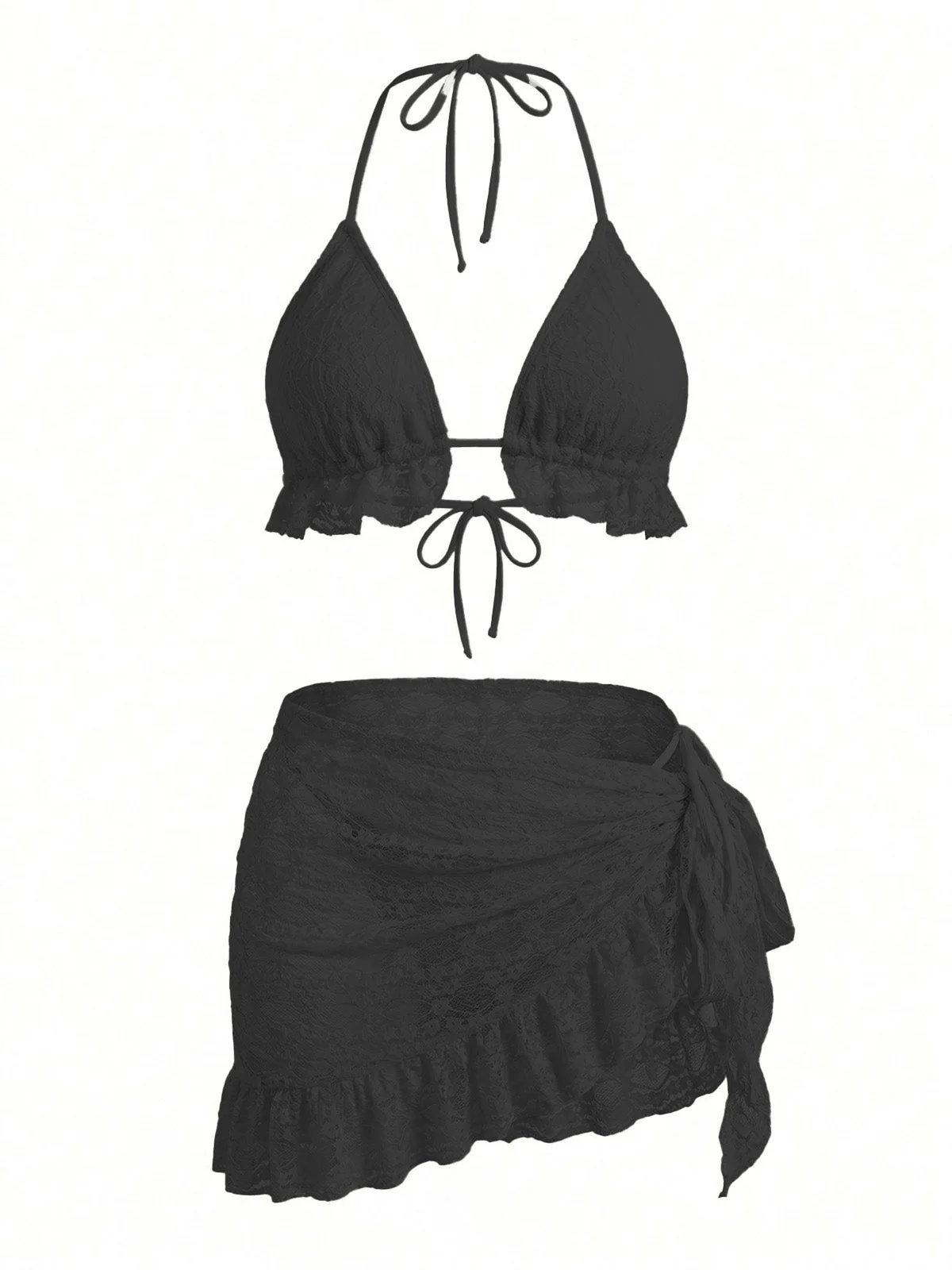2PCS 1960s Solid Halter Lace Bikini Set & Ruffle Cover-Up - Image 8