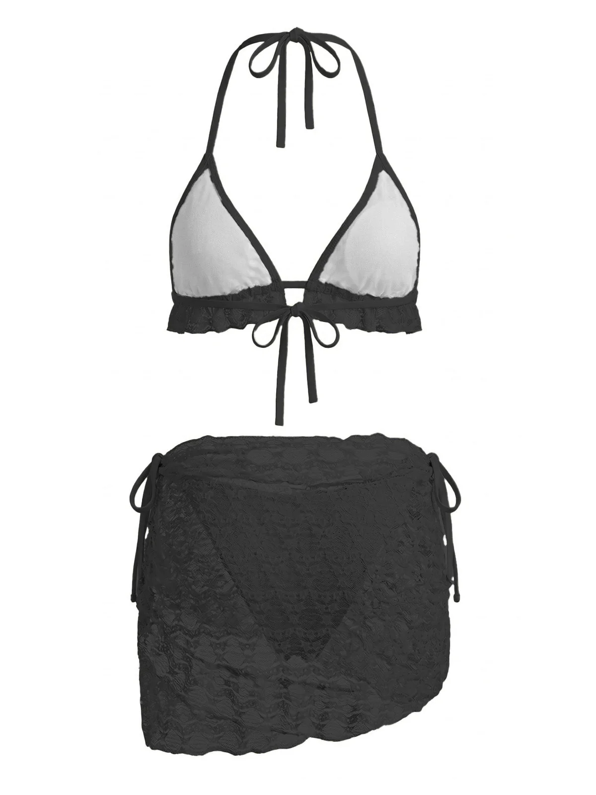 2PCS 1960s Solid Halter Lace Bikini Set & Ruffle Cover-Up - Image 9