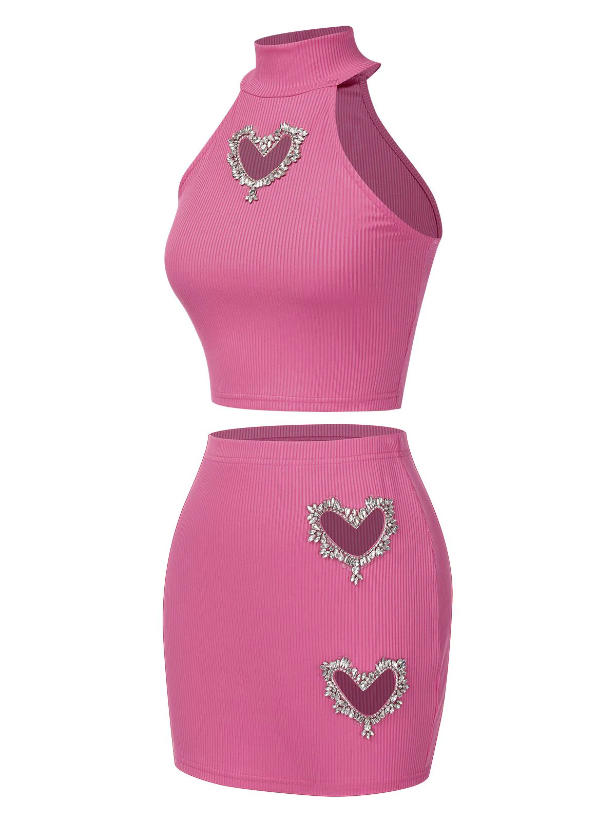2PCS 1960s Solid Knitted Heart Hollow Top & Skirt - Image 2